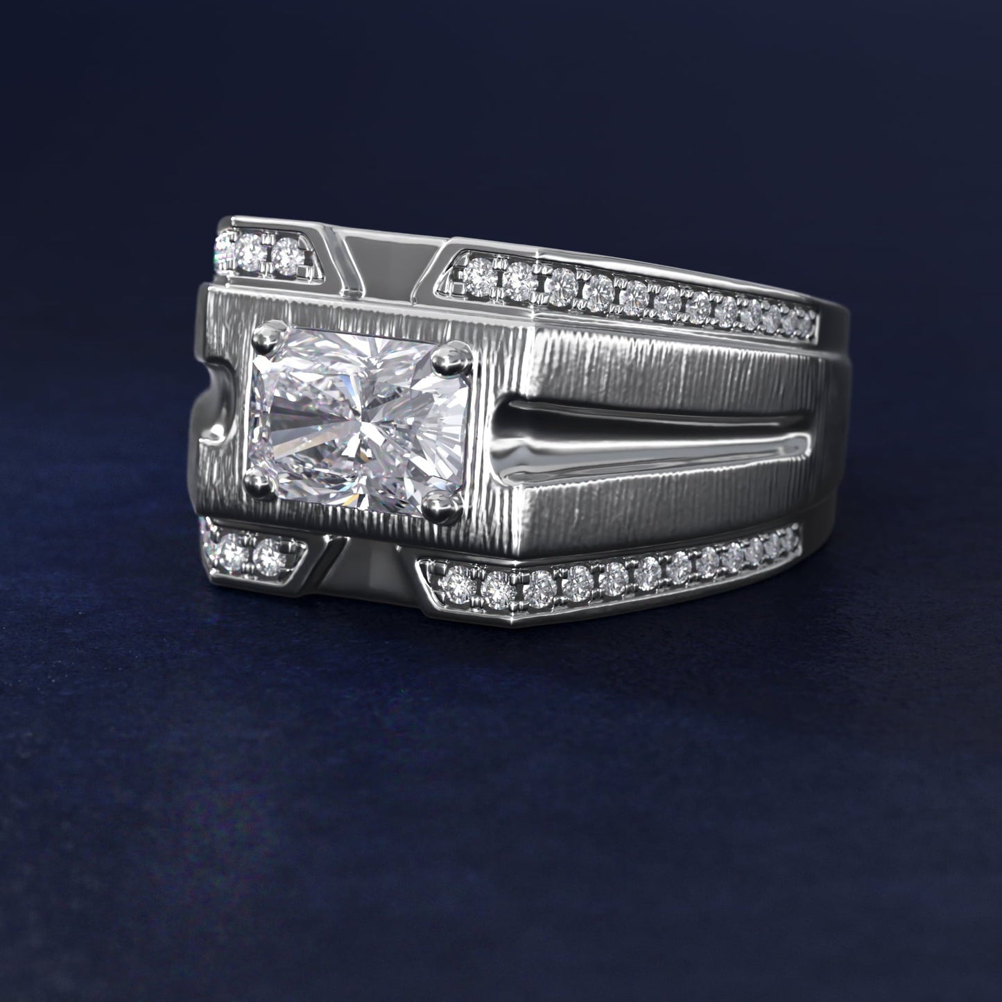 Men's Grooved Diamond Channel Engagement Ring in 18k White Gold (1/4 ct. tw.) - Radiant Center