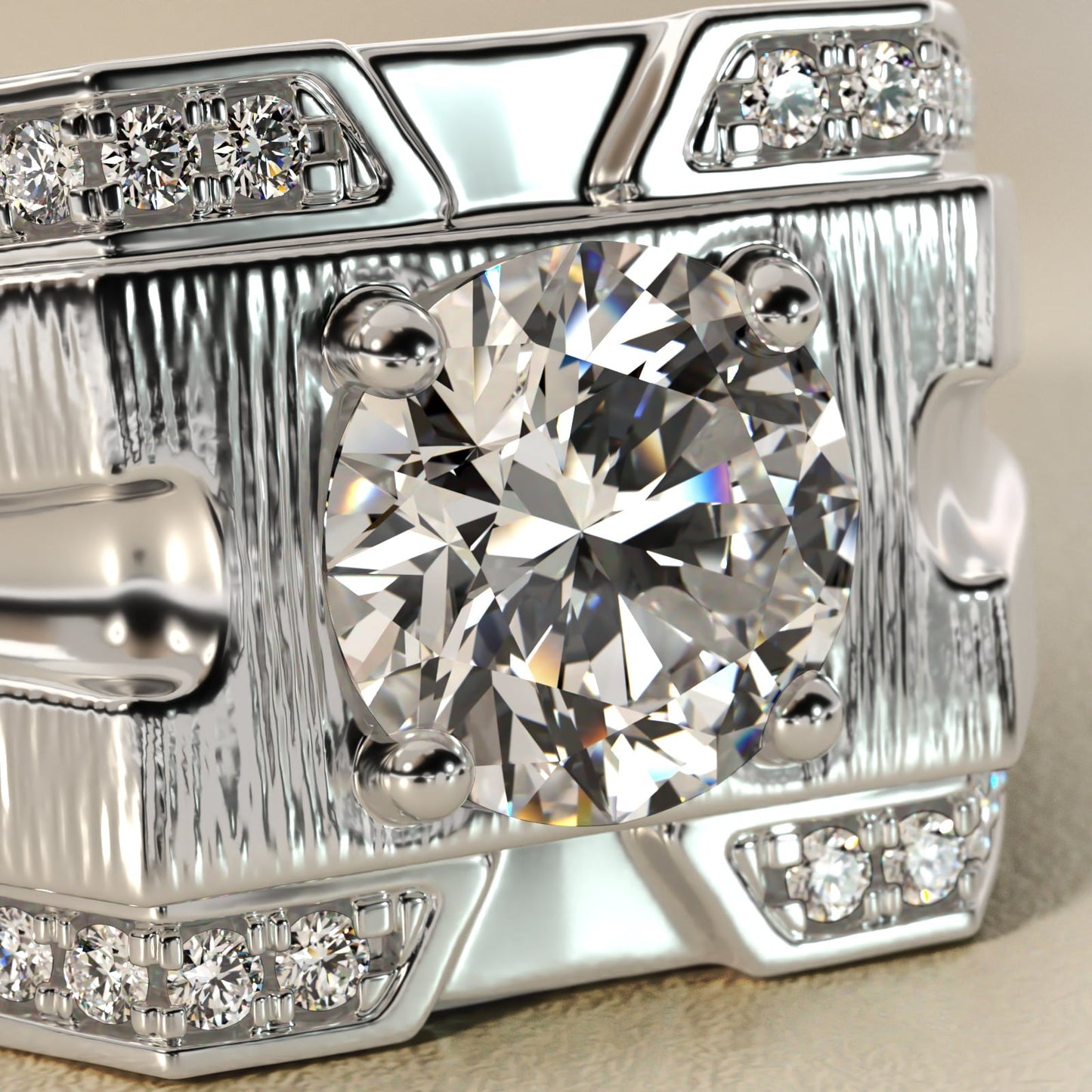 Men's Grooved Diamond Channel Engagement Ring in 18k White Gold (1/4 ct. tw.) - Round Center