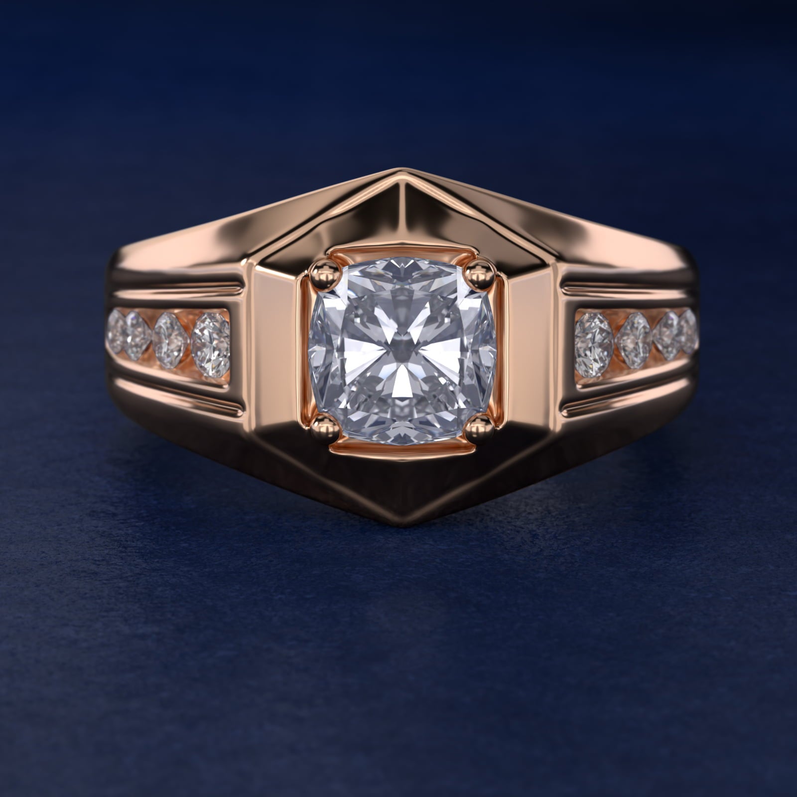 Men's Hexagon Diamond Channel Engagement Ring in 14k Rose Gold (3/8 ct. tw.) - Cushion Center