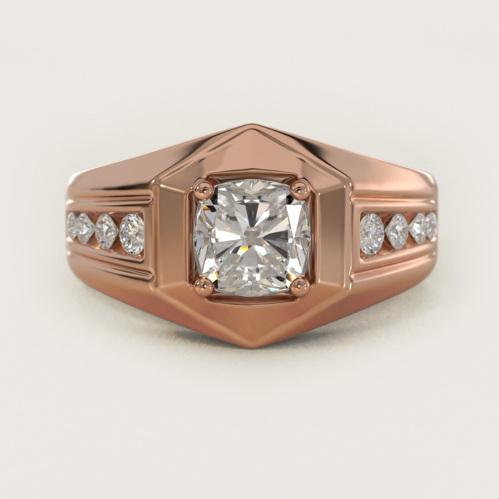 Men's Hexagon Diamond Channel Engagement Ring in 14k Rose Gold (3/8 ct. tw.) - Cushion Center