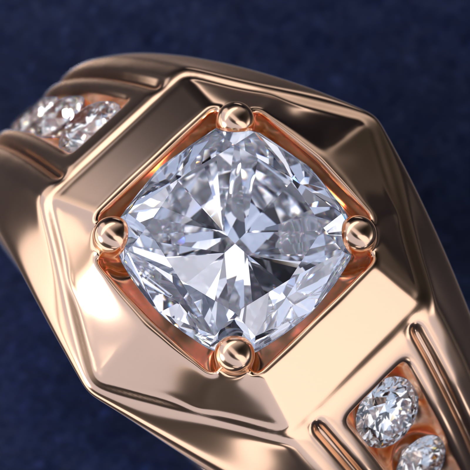 Men's Hexagon Diamond Channel Engagement Ring in 14k Rose Gold (3/8 ct. tw.) - Cushion Center