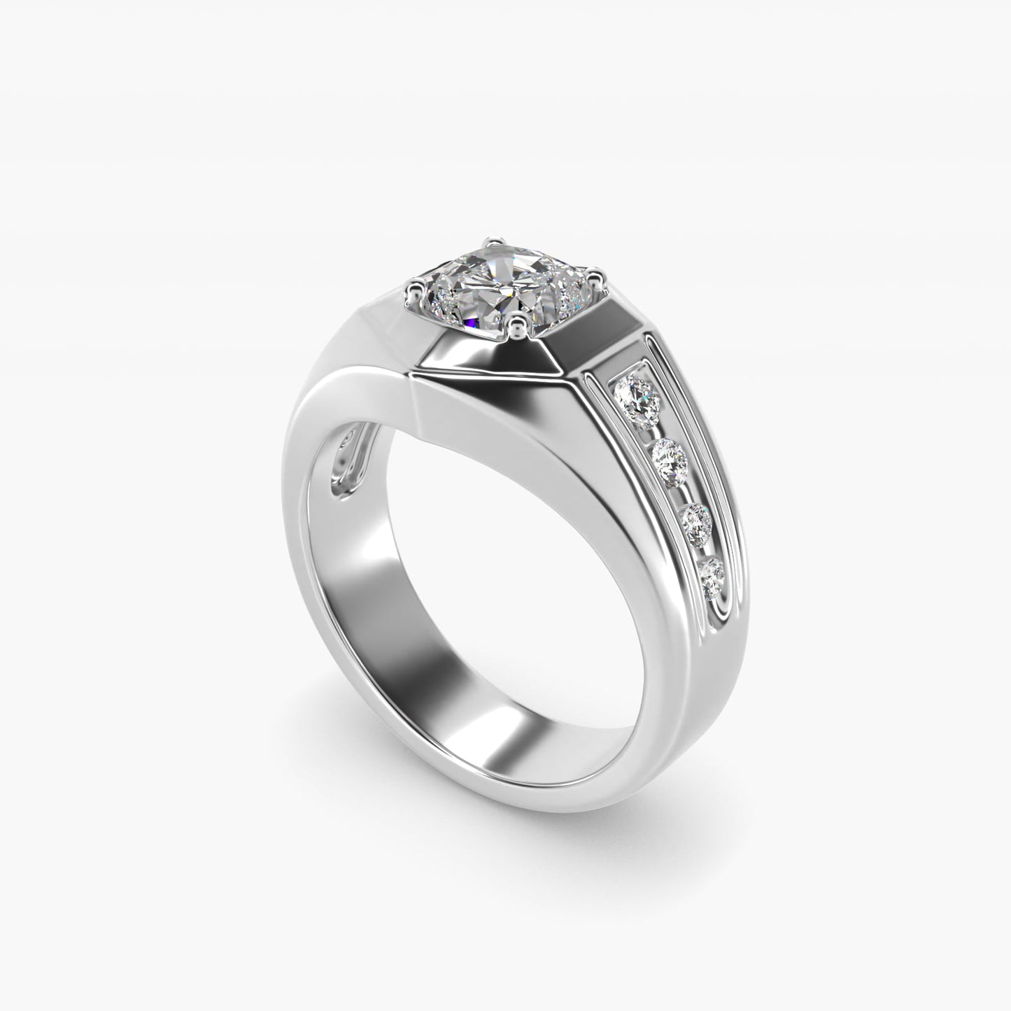 Men's Hexagon Diamond Channel Engagement Ring in 14k White Gold (3/8 ct. tw.) - Cushion Center