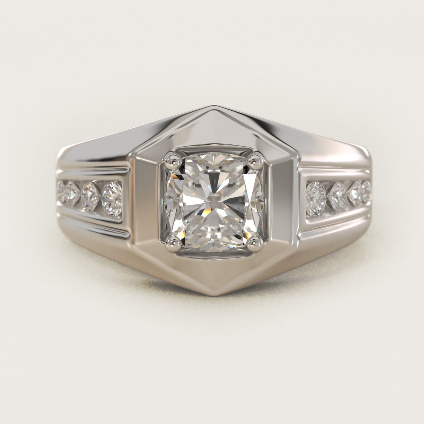 Men's Hexagon Diamond Channel Engagement Ring in 14k White Gold (3/8 ct. tw.) - Cushion Center