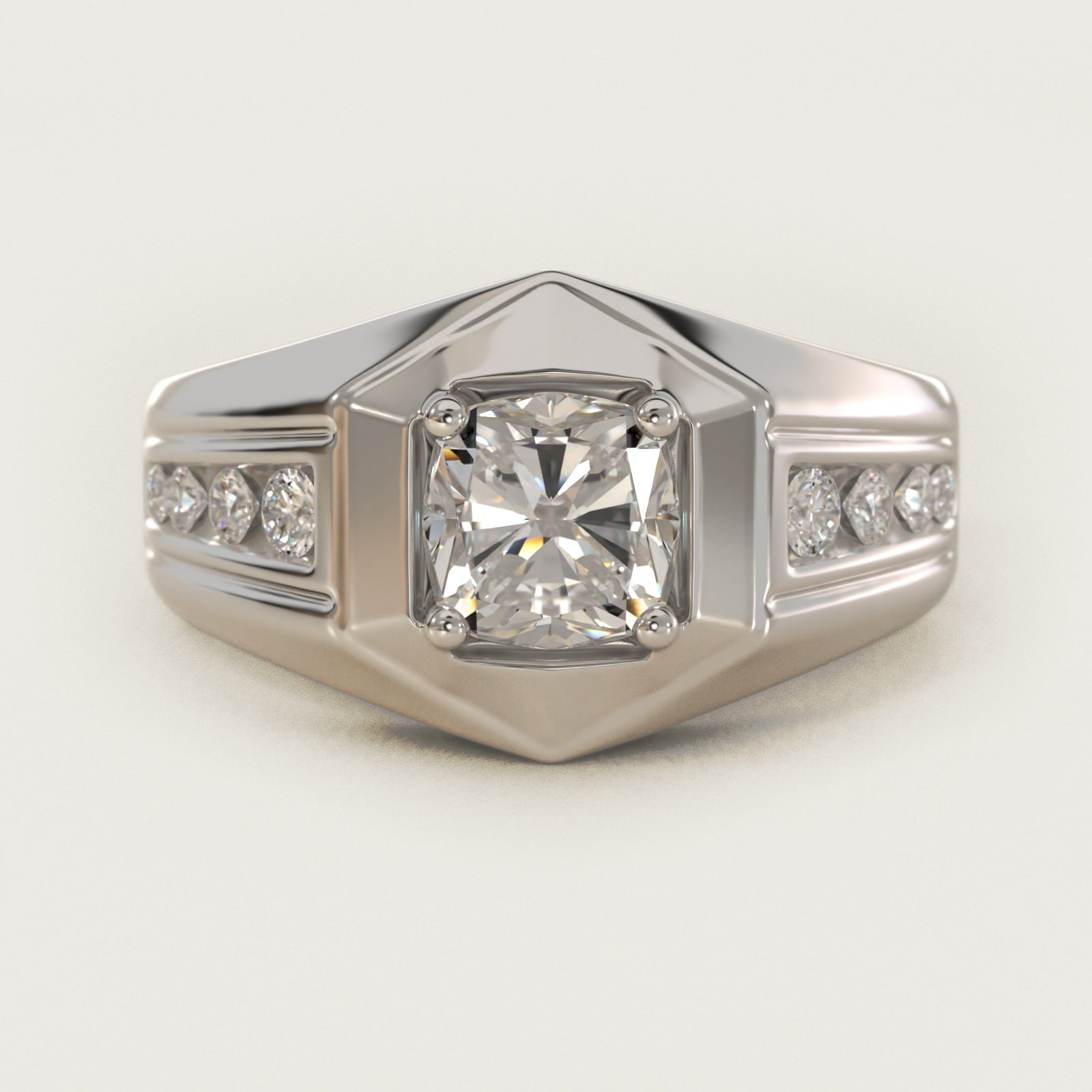Men's Hexagon Diamond Channel Engagement Ring in 18k White Gold (3/8 ct. tw.) - Cushion Center