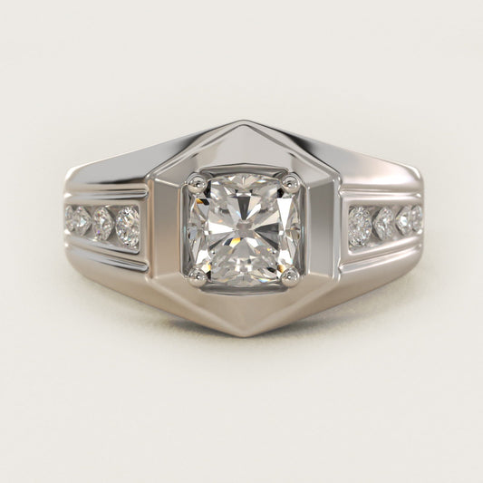 Men's Hexagon Diamond Channel Engagement Ring in 18k White Gold (3/8 ct. tw.) - Cushion Center