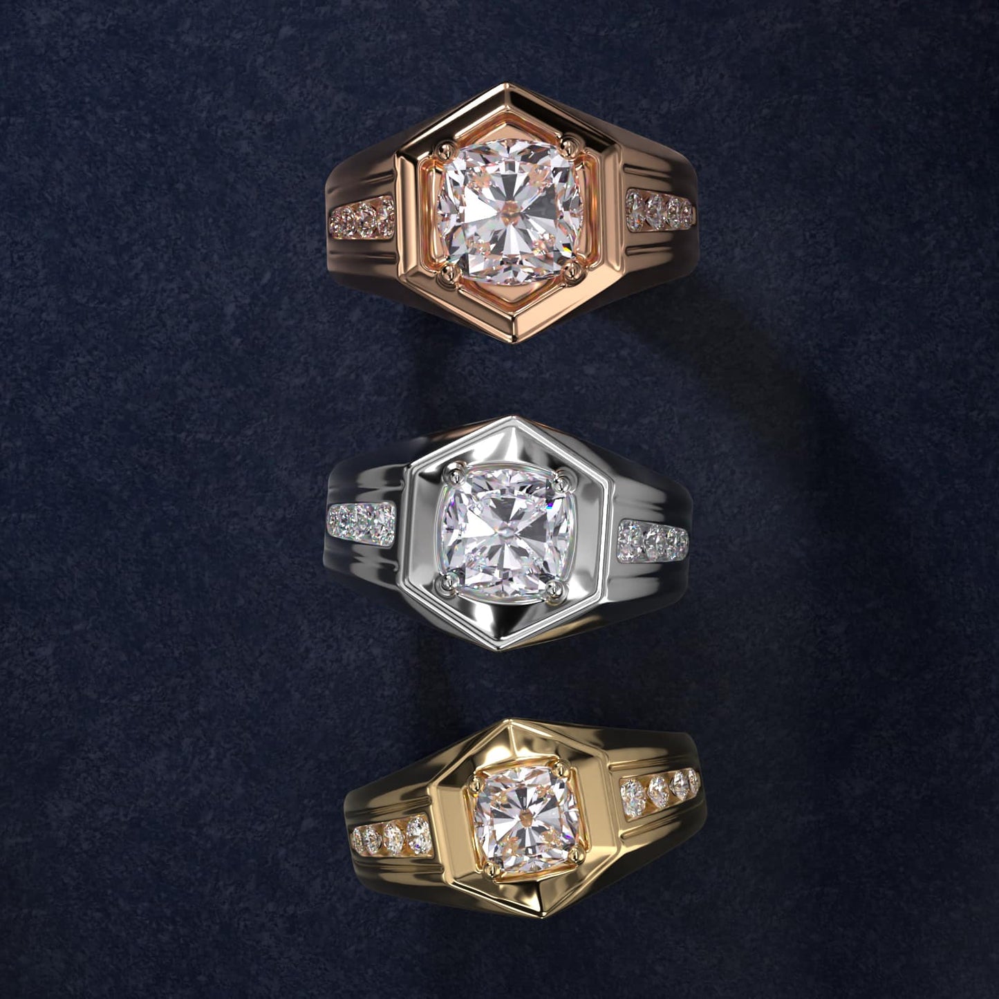 Men's Hexagon Diamond Channel Engagement Ring in 18k White Gold (3/8 ct. tw.) - Cushion Center