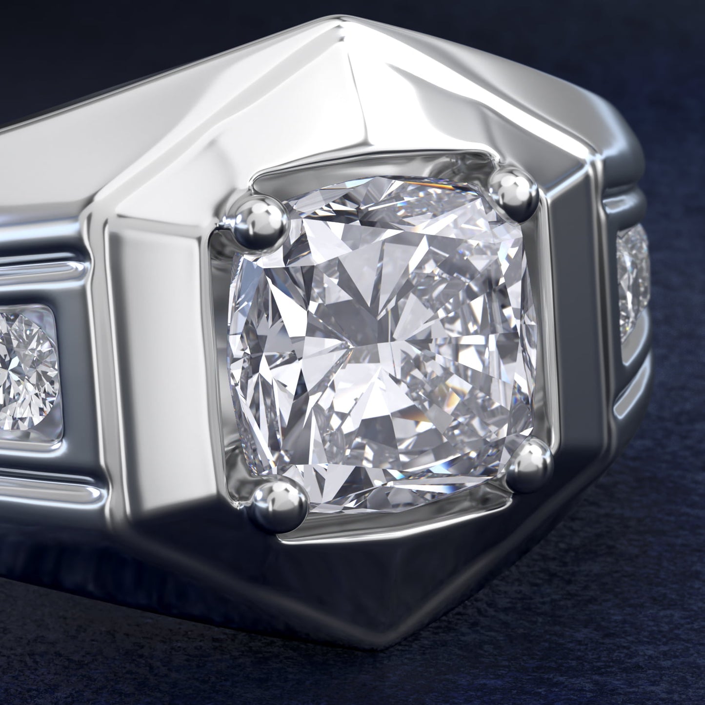 Men's Hexagon Diamond Channel Engagement Ring in 14k White Gold (3/8 ct. tw.) - Cushion Center