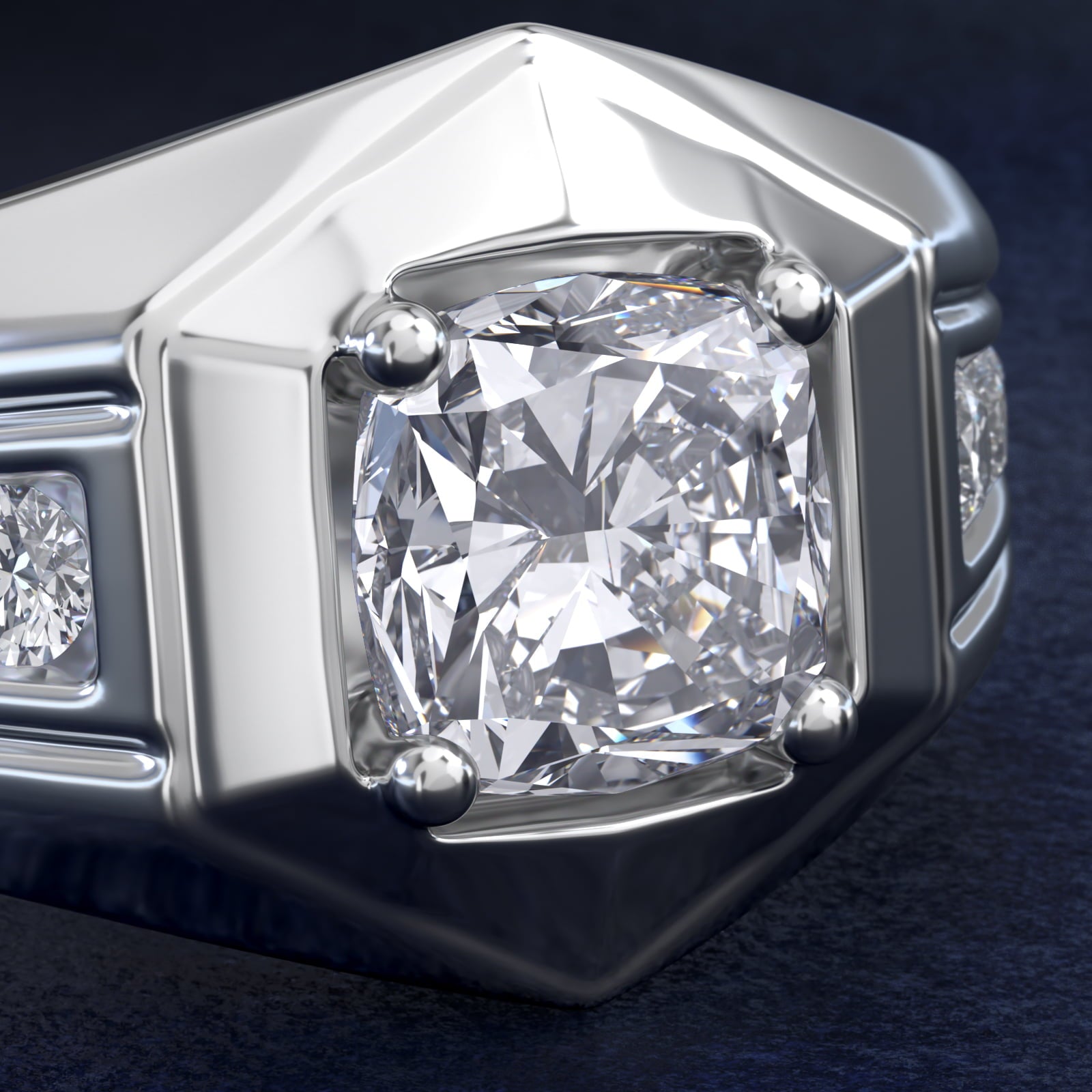 Men's Hexagon Diamond Channel Engagement Ring in 14k White Gold (3/8 ct. tw.) - Cushion Center