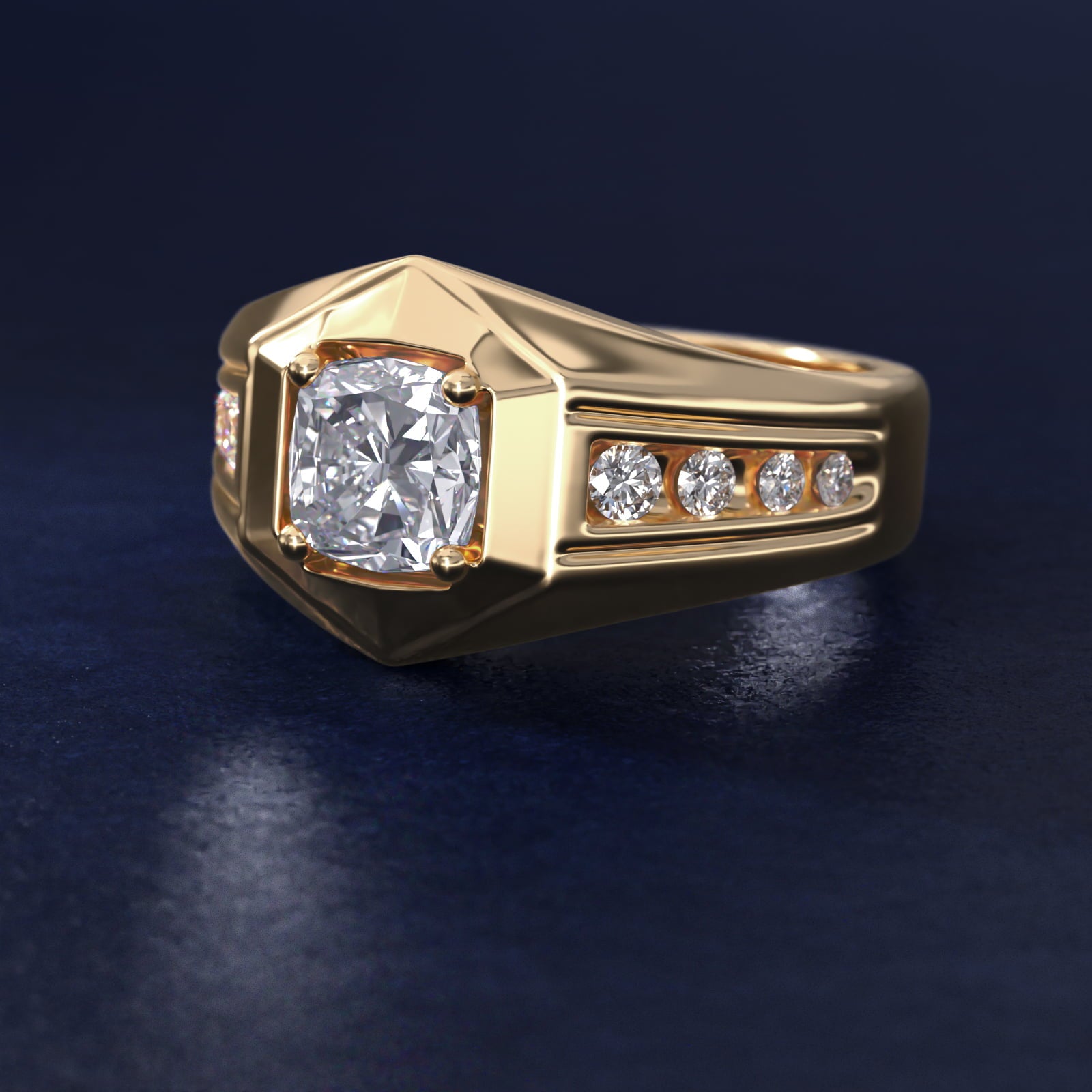 Men's Hexagon Diamond Channel Engagement Ring in 14k Yellow Gold (3/8 ct. tw.) - Cushion Center