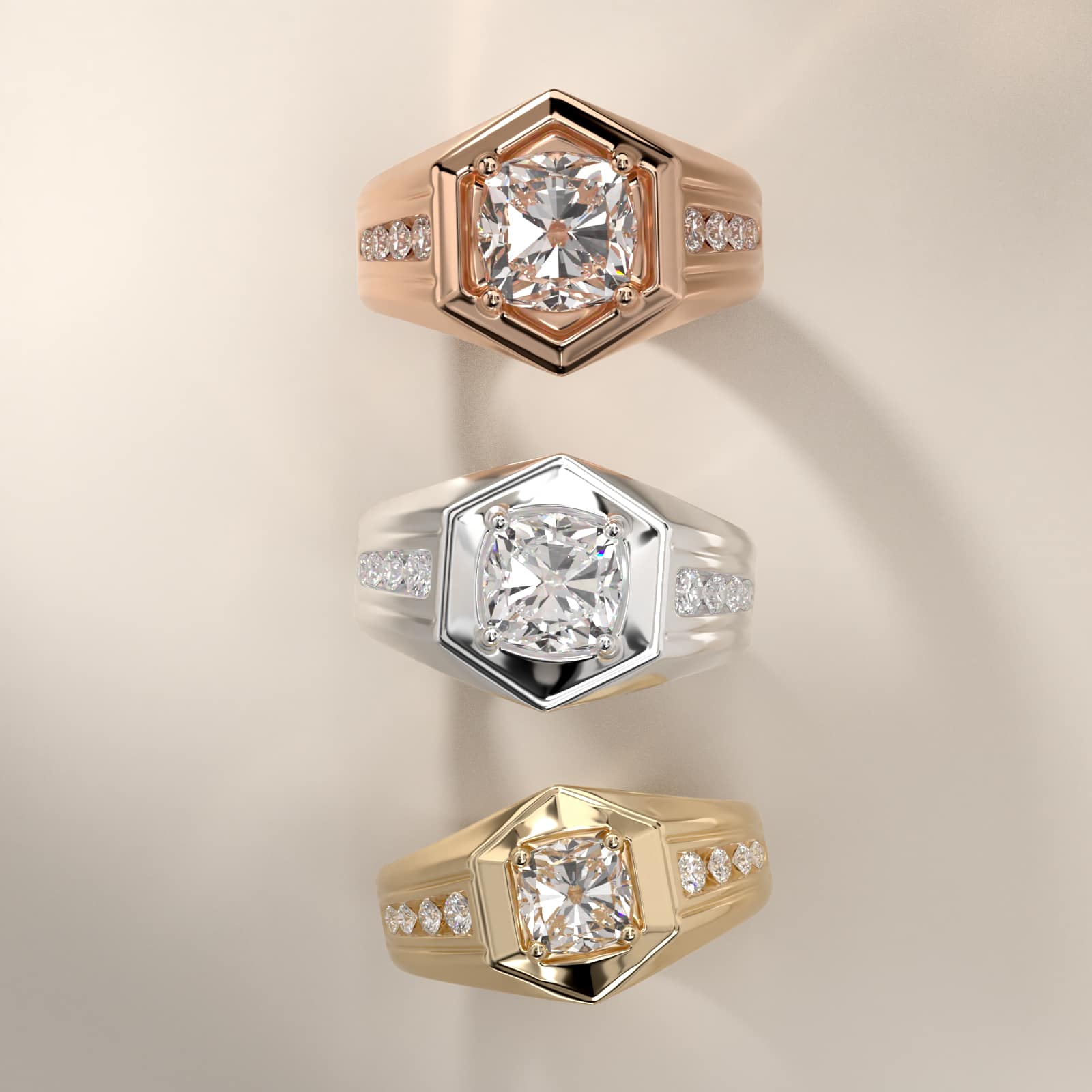 Men's Hexagon Diamond Channel Engagement Ring in 14k Yellow Gold (3/8 ct. tw.) - Cushion Center