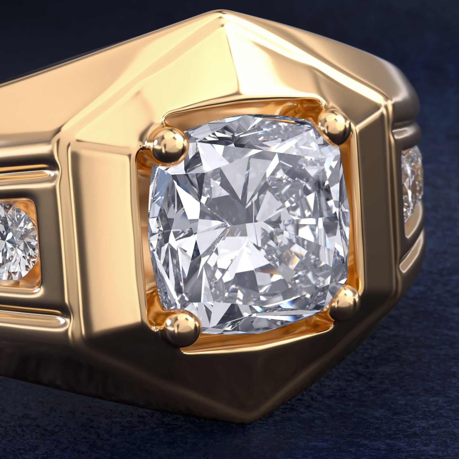Men's Hexagon Diamond Channel Engagement Ring in 14k Yellow Gold (3/8 ct. tw.) - Cushion Center