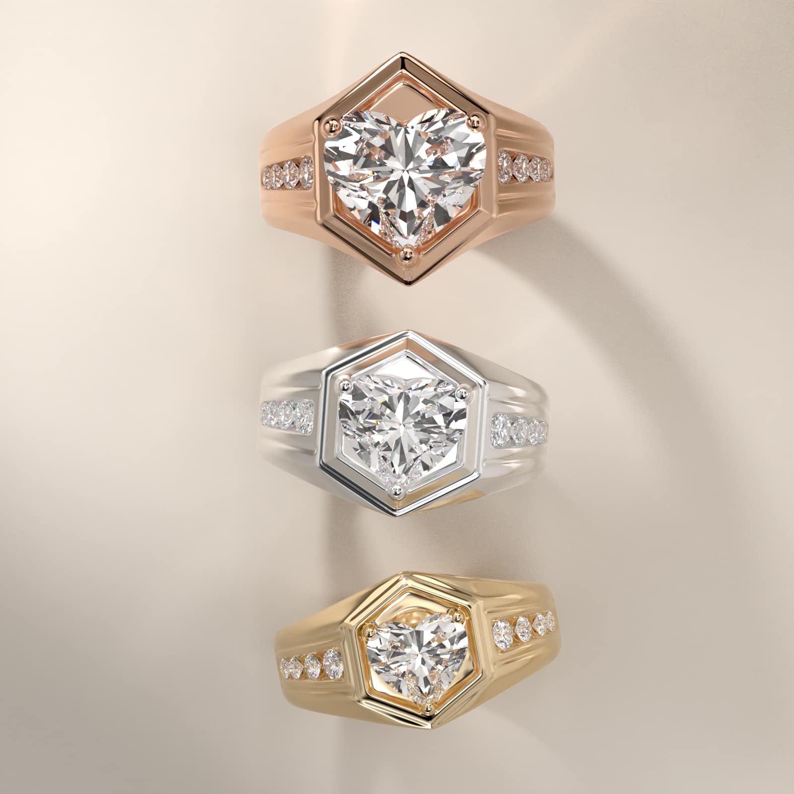 Men's Hexagon Diamond Channel Engagement Ring in 14k Yellow Gold (3/8 ct. tw.) - Heart Center