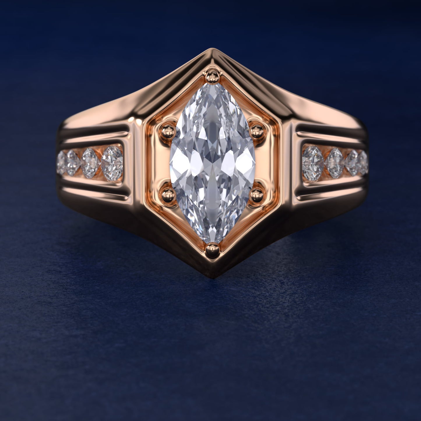 Men's Hexagon Diamond Channel Engagement Ring in 14k Rose Gold (3/8 ct. tw.) - Marquise Center