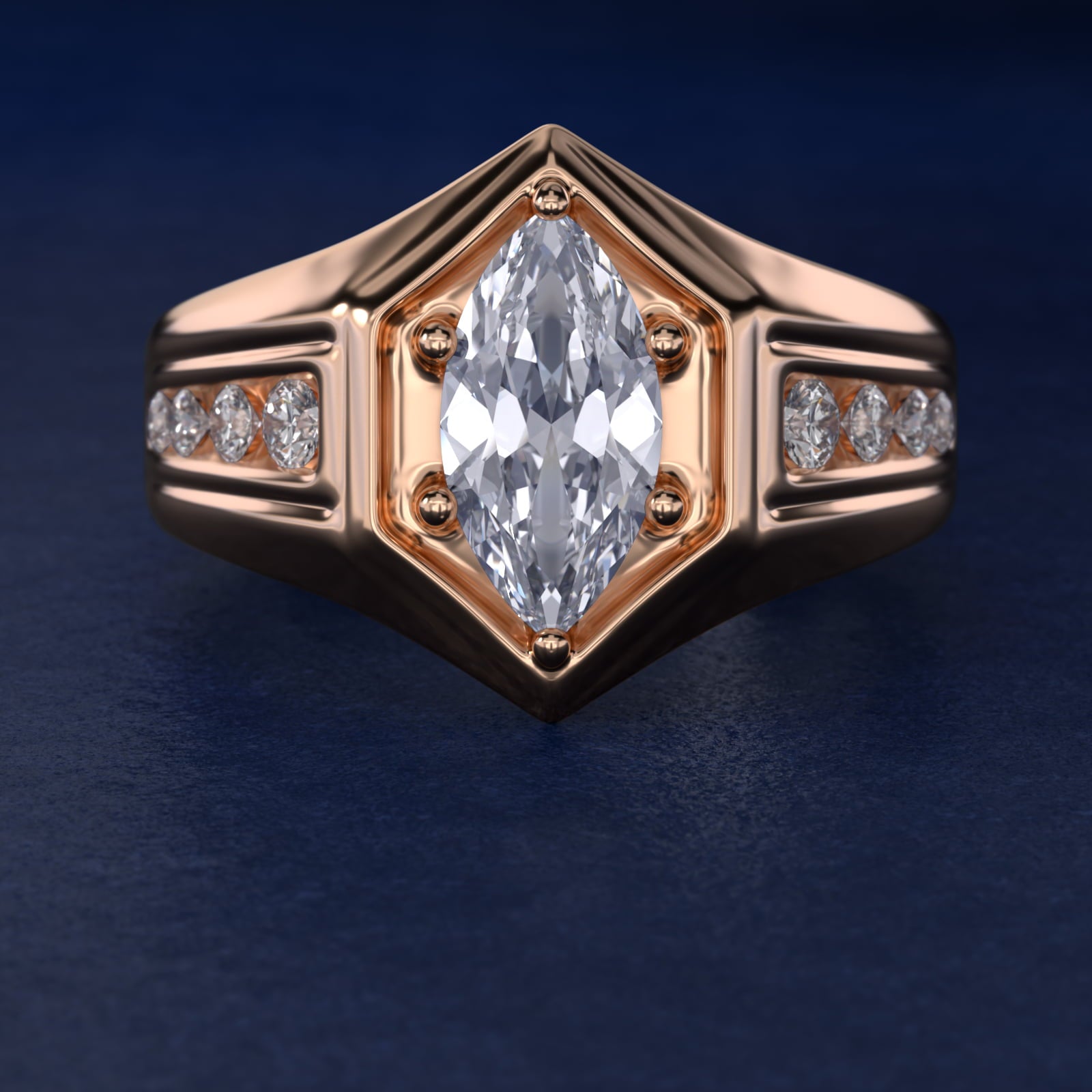 Men's Hexagon Diamond Channel Engagement Ring in 14k Rose Gold (3/8 ct. tw.) - Marquise Center