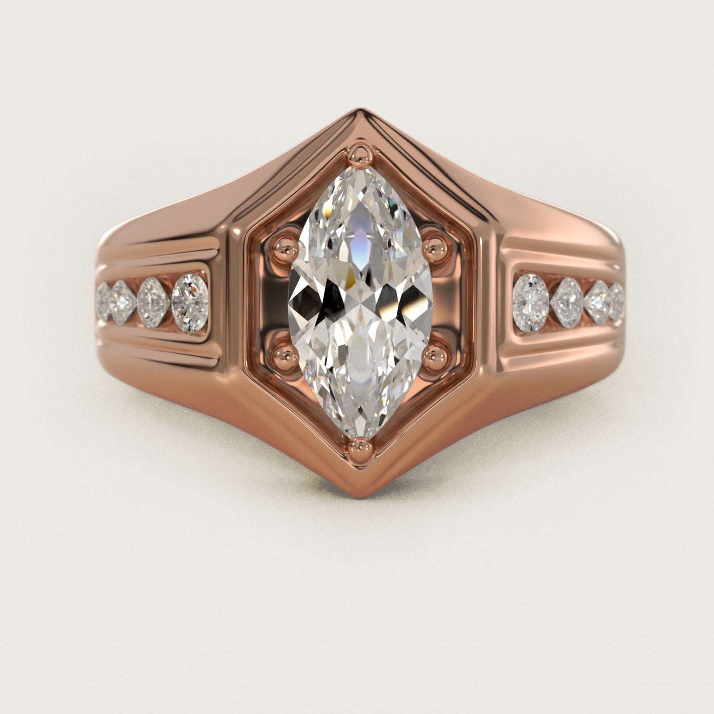 Men's Hexagon Diamond Channel Engagement Ring in 14k Rose Gold (3/8 ct. tw.) - Marquise Center