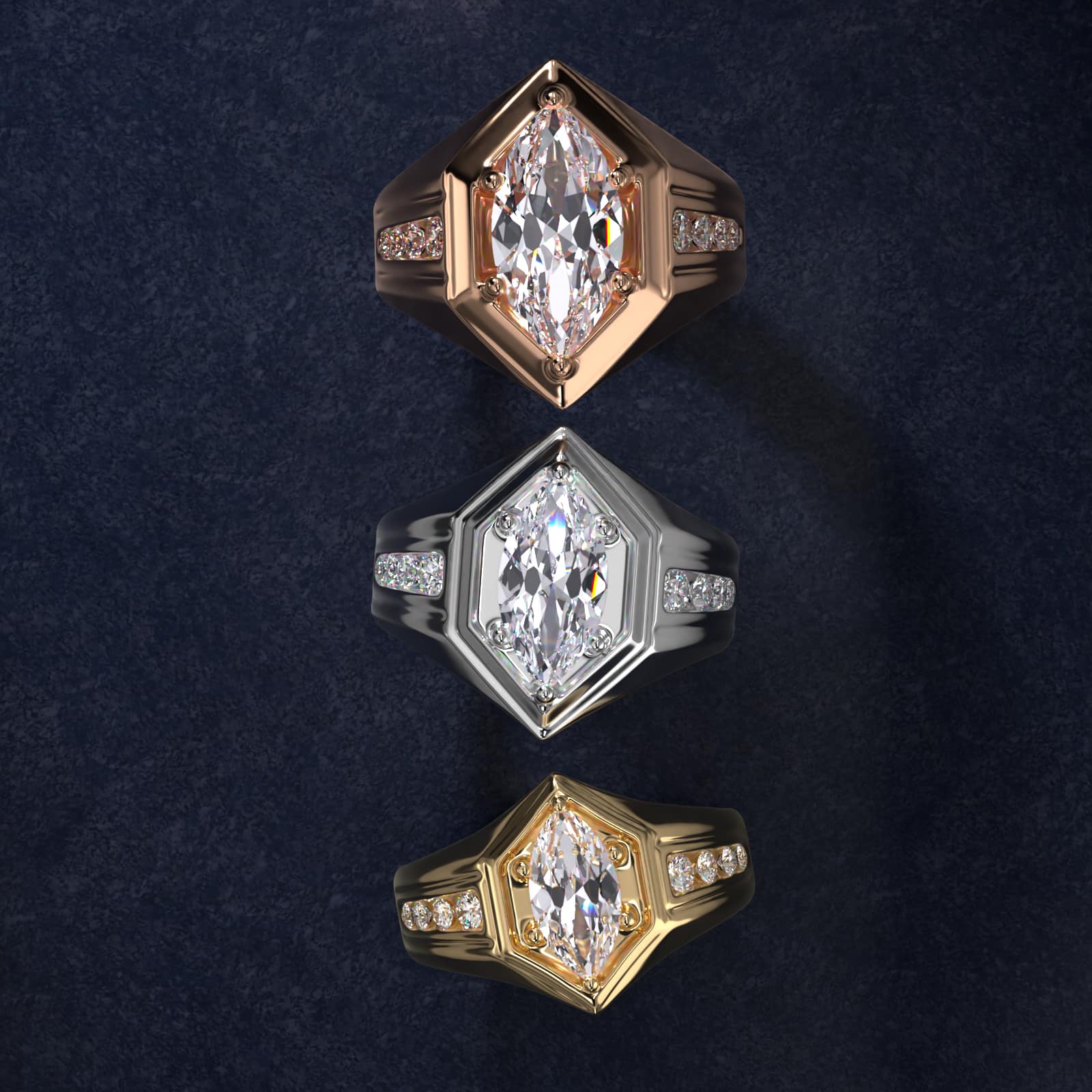 Men's Hexagon Diamond Channel Engagement Ring in 14k Rose Gold (3/8 ct. tw.) - Marquise Center