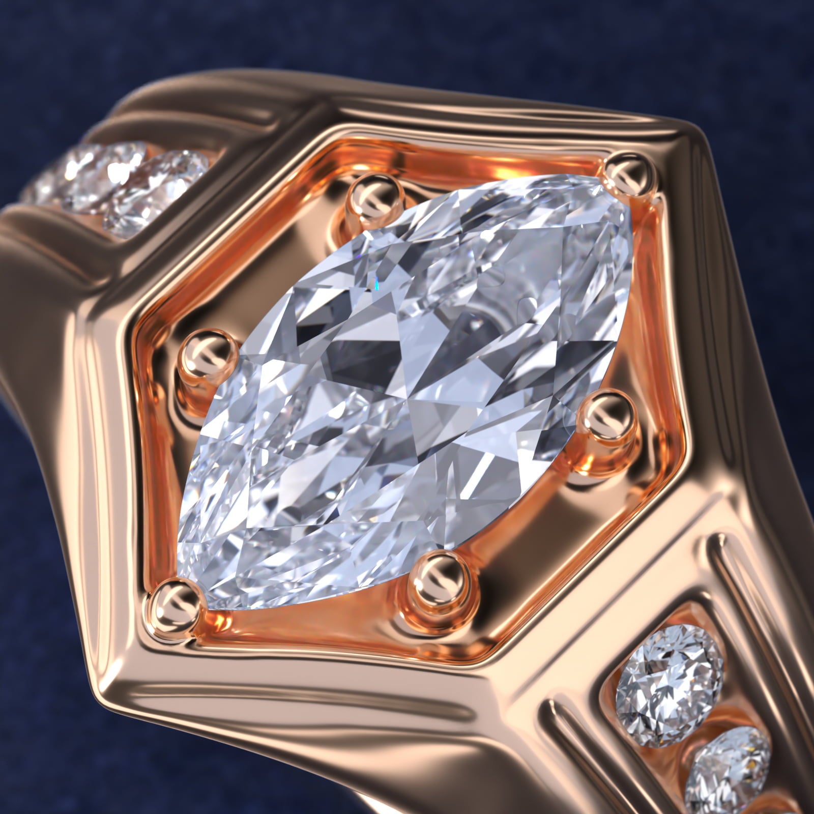 Men's Hexagon Diamond Channel Engagement Ring in 14k Rose Gold (3/8 ct. tw.) - Marquise Center