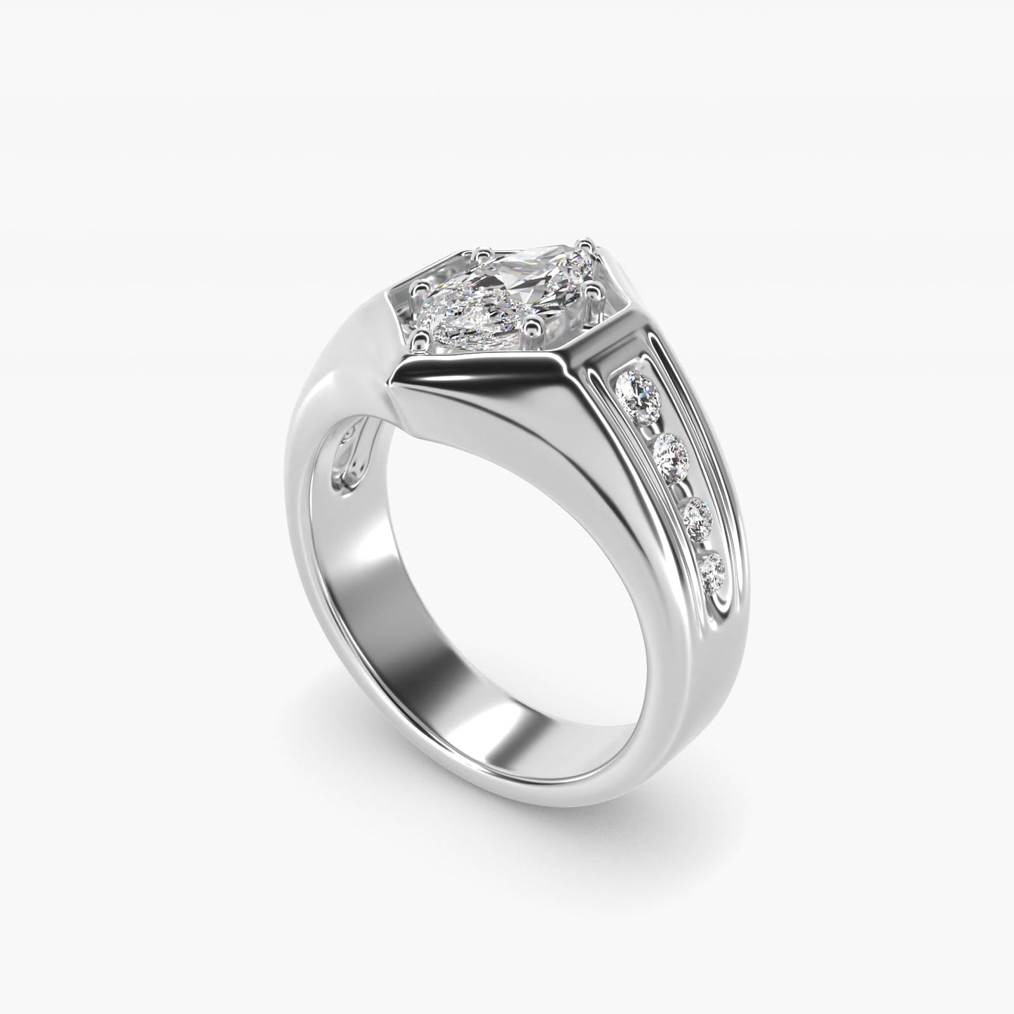 Men's Hexagon Diamond Channel Engagement Ring in 14k White Gold (3/8 ct. tw.) - Marquise Center