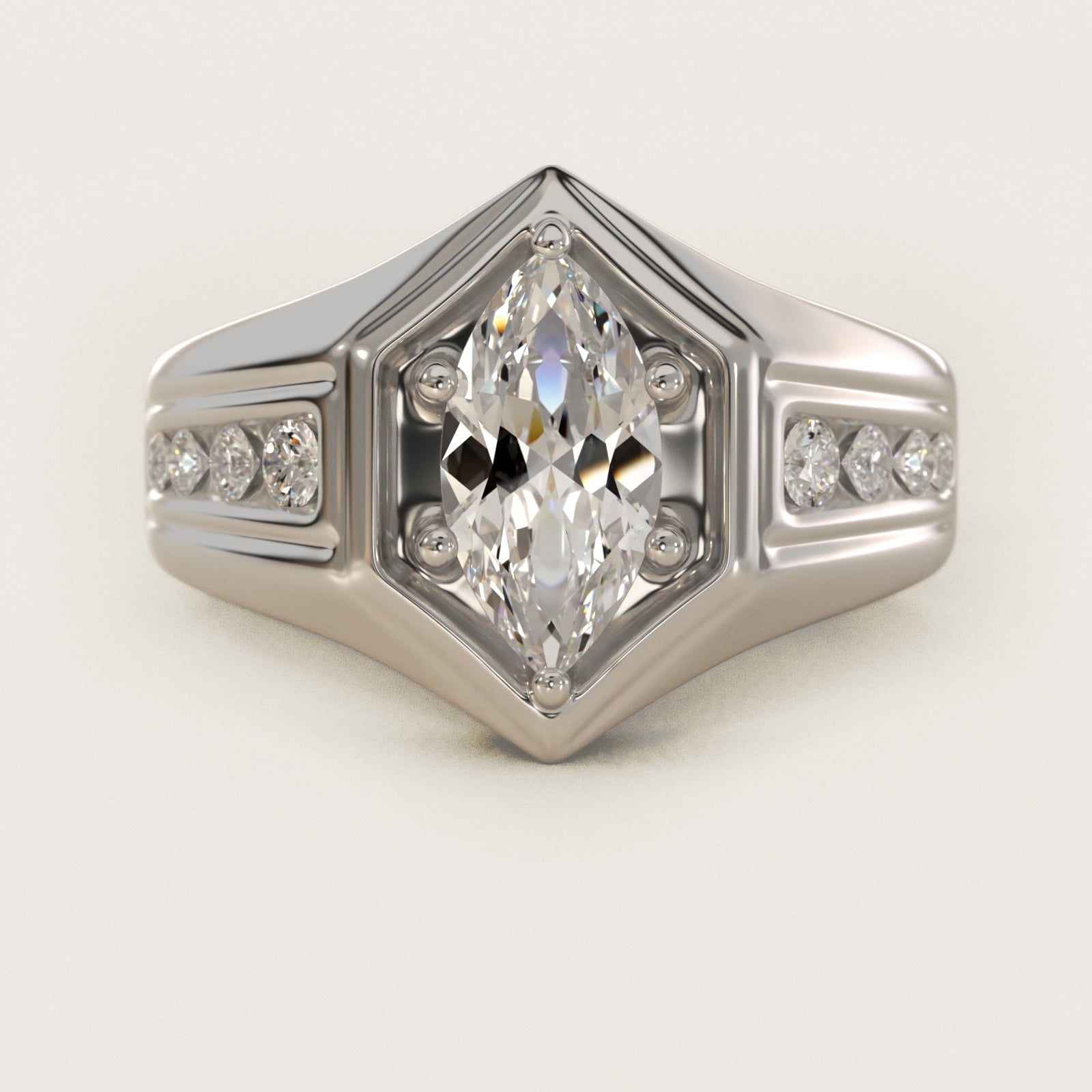 Men's Hexagon Diamond Channel Engagement Ring in 14k White Gold (3/8 ct. tw.) - Marquise Center