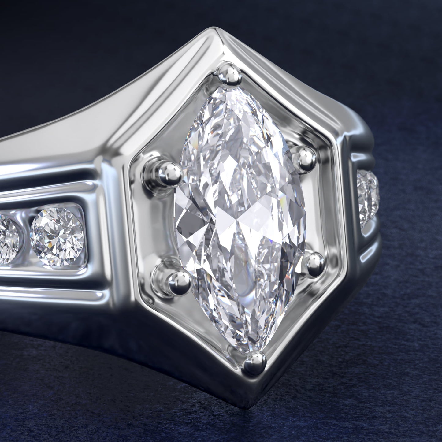 Men's Hexagon Diamond Channel Engagement Ring in 14k White Gold (3/8 ct. tw.) - Marquise Center