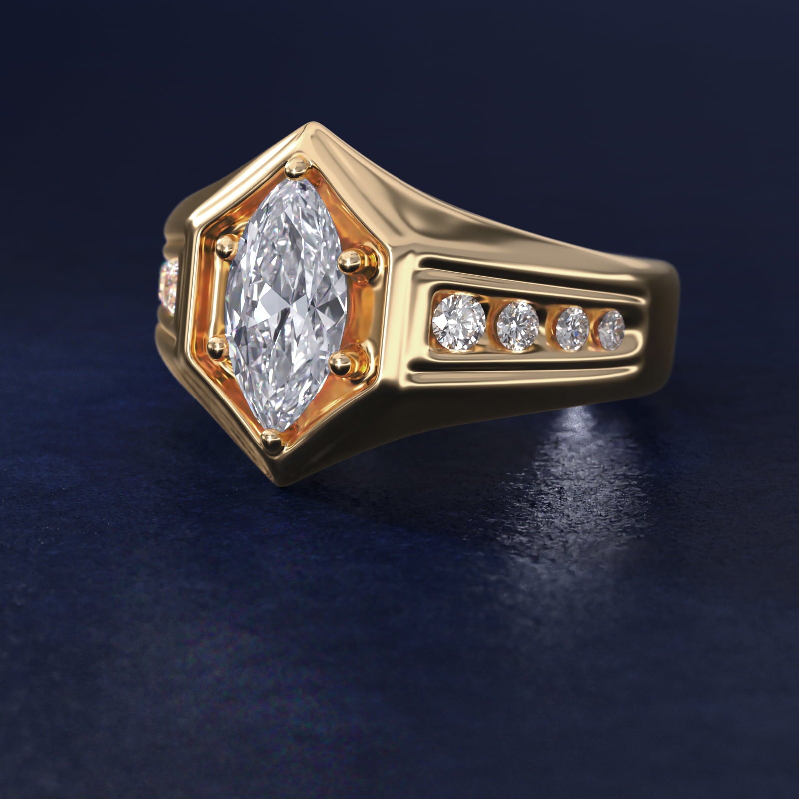 Men's Hexagon Diamond Channel Engagement Ring in 14k Yellow Gold (3/8 ct. tw.) - Marquise Center