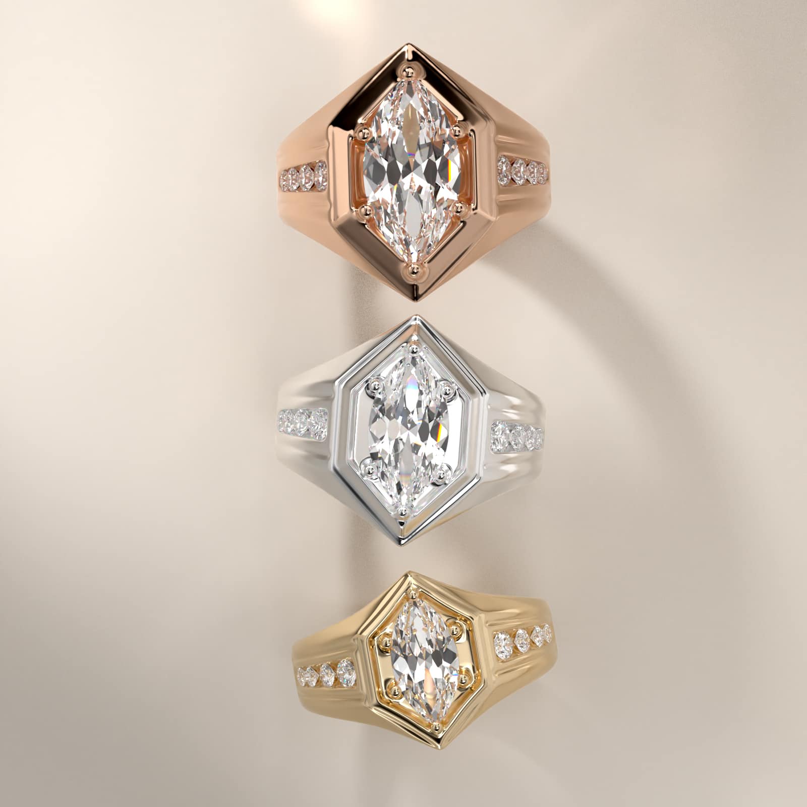 Men's Hexagon Diamond Channel Engagement Ring in 14k Yellow Gold (3/8 ct. tw.) - Marquise Center