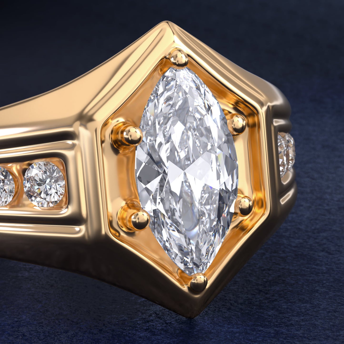 Men's Hexagon Diamond Channel Engagement Ring in 14k Yellow Gold (3/8 ct. tw.) - Marquise Center