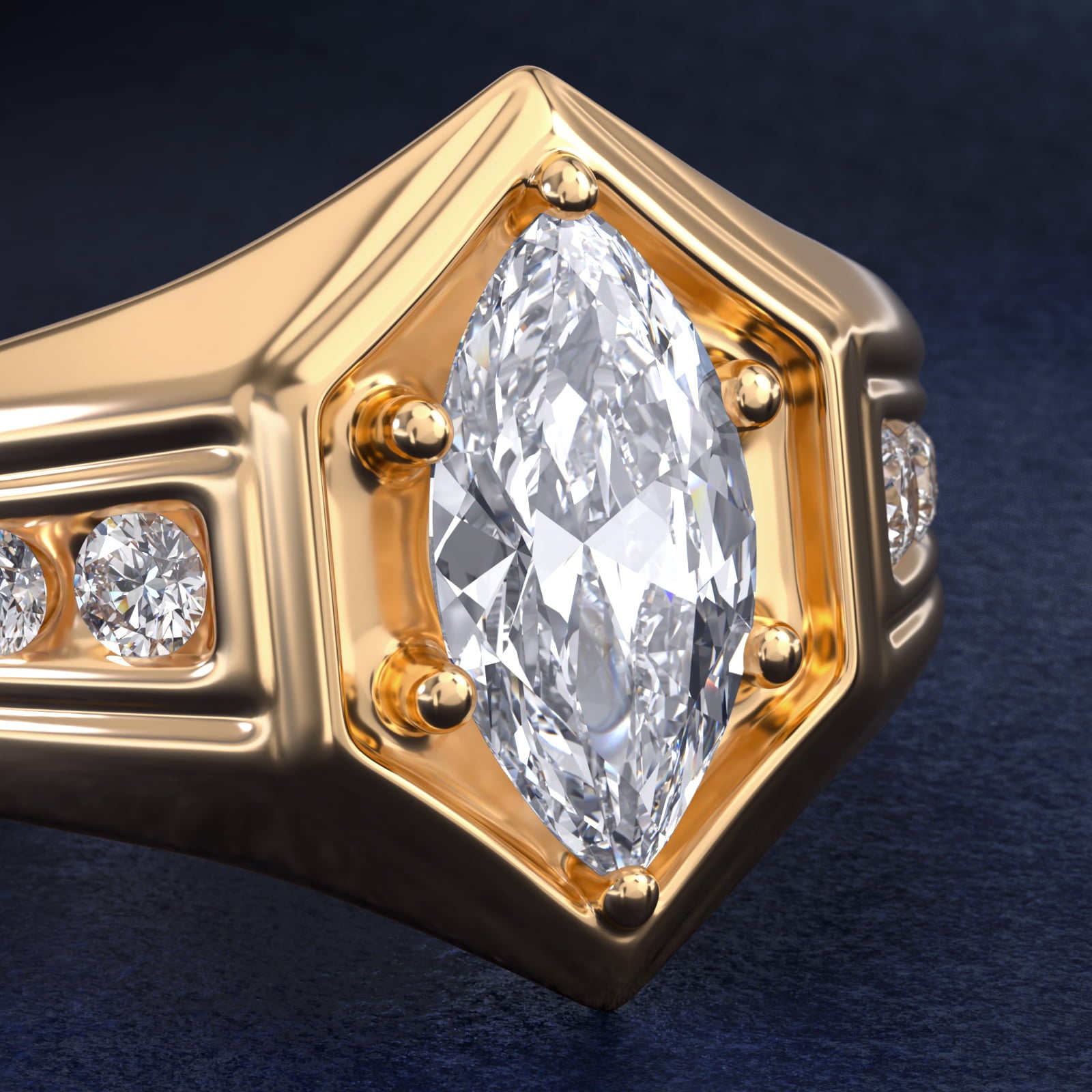 Men's Hexagon Diamond Channel Engagement Ring in 14k Yellow Gold (3/8 ct. tw.) - Marquise Center