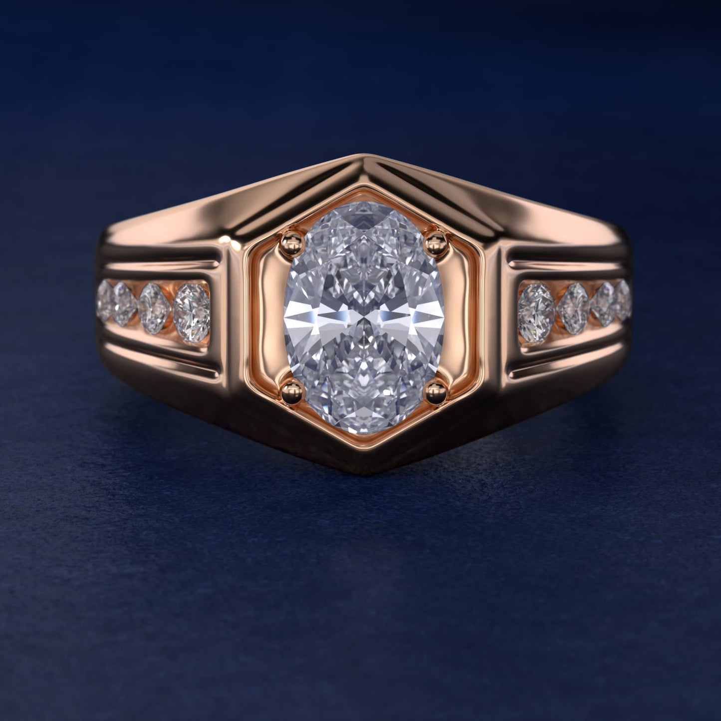 Men's Hexagon Diamond Channel Engagement Ring in 14k Rose Gold (3/8 ct. tw.) - Oval Center