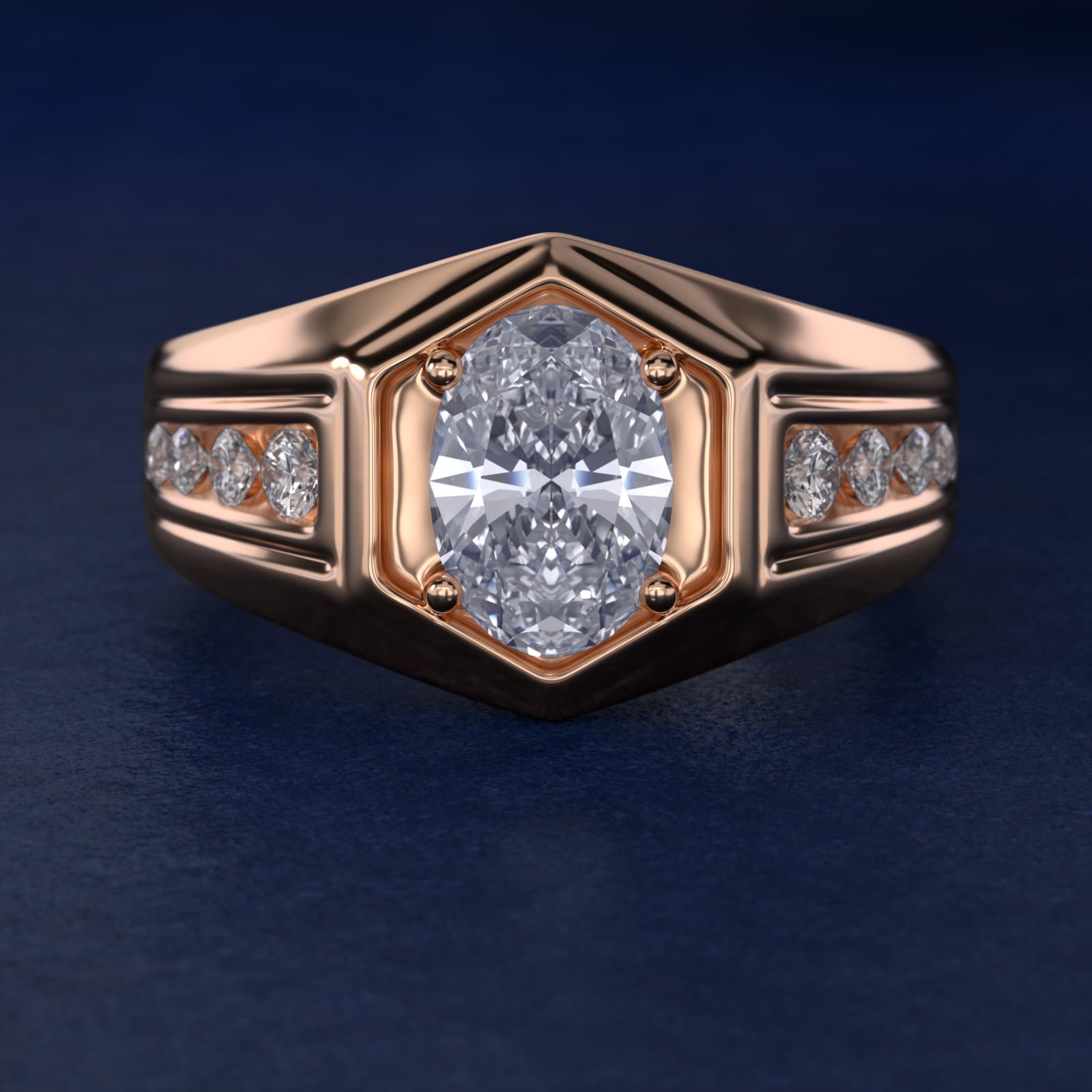 Men's Hexagon Diamond Channel Engagement Ring in 14k Rose Gold (3/8 ct. tw.) - Oval Center