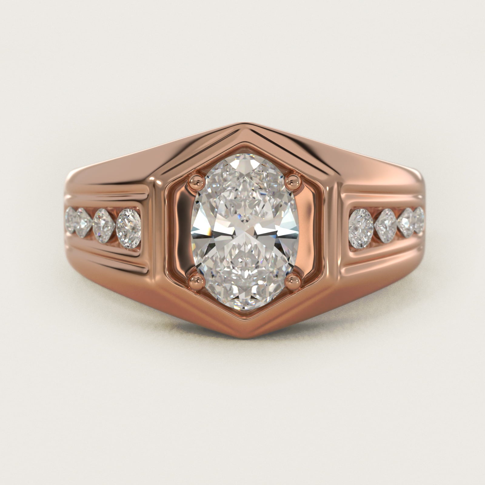 Men's Hexagon Diamond Channel Engagement Ring in 14k Rose Gold (3/8 ct. tw.) - Oval Center
