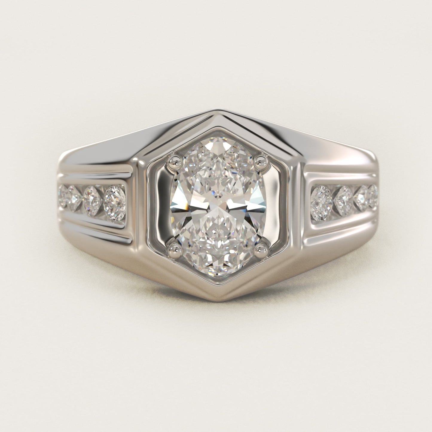 Men's Hexagon Diamond Channel Engagement Ring in 14k White Gold (3/8 ct. tw.) - Oval Center