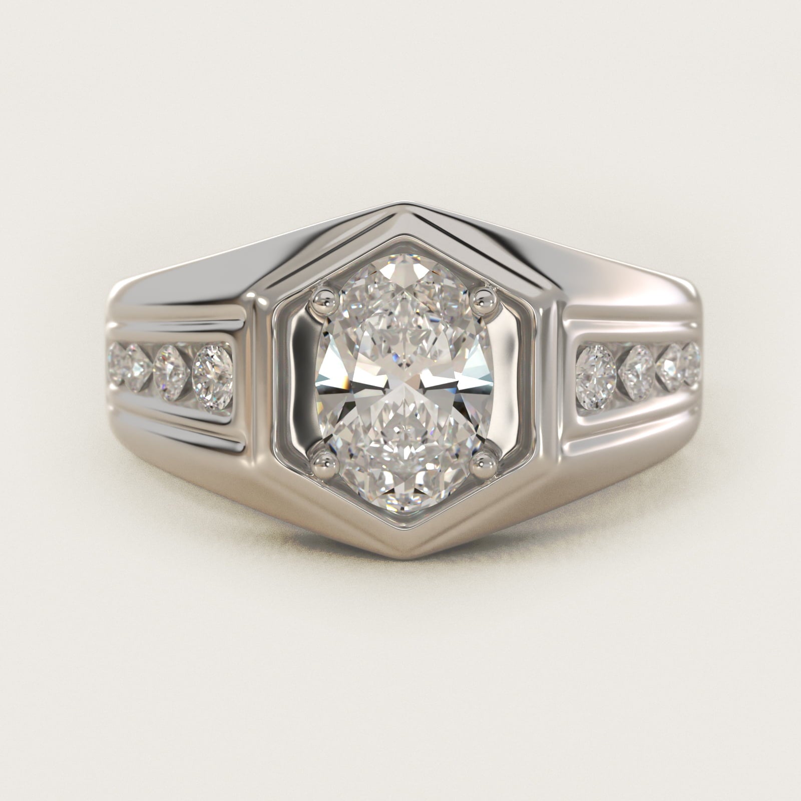 Men's Hexagon Diamond Channel Engagement Ring in 14k White Gold (3/8 ct. tw.) - Oval Center