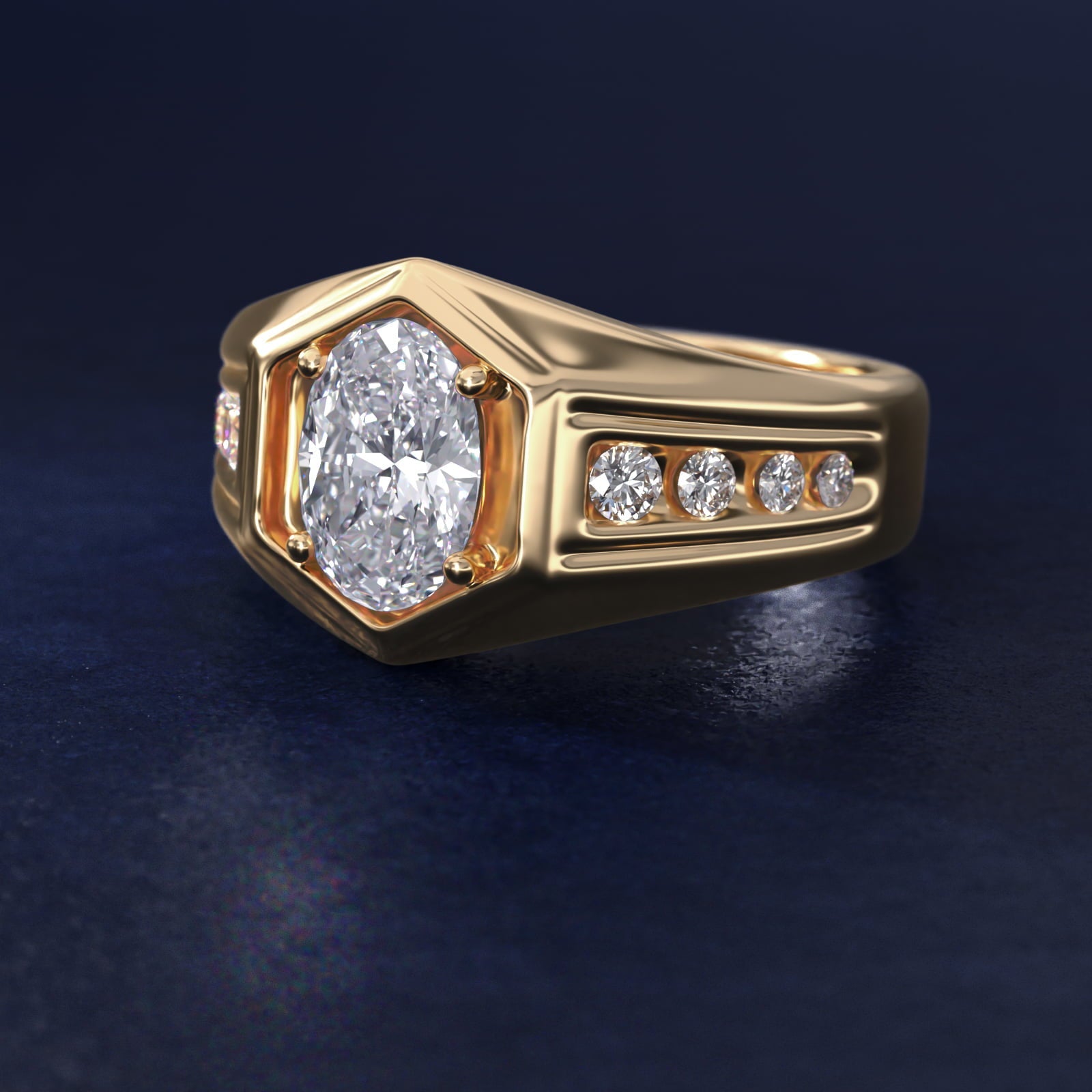 Men's Hexagon Diamond Channel Engagement Ring in 18k Yellow Gold (3/8 ct. tw.) - Oval Center