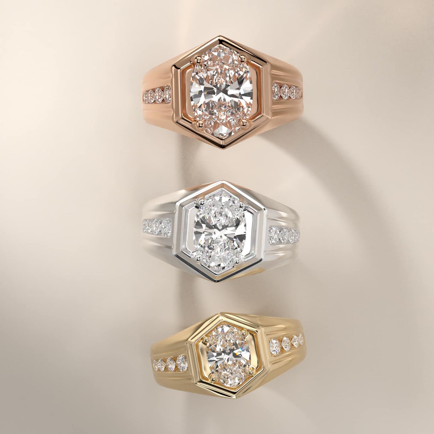 Men's Hexagon Diamond Channel Engagement Ring in 14k Yellow Gold (3/8 ct. tw.) - Oval Center