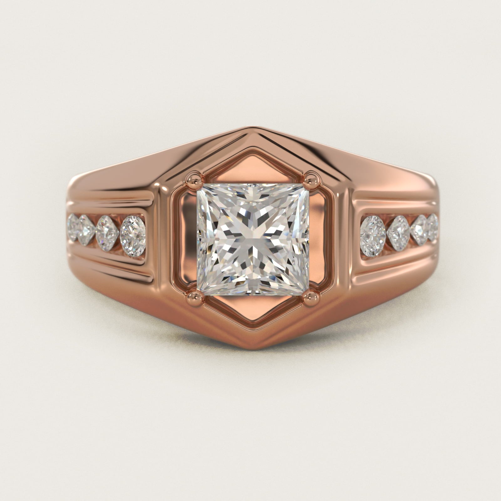 Men's Hexagon Diamond Channel Engagement Ring in 14k Rose Gold (3/8 ct. tw.) - Princess Center