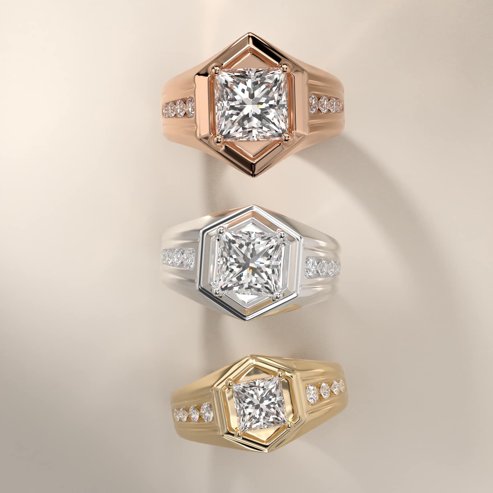 Men's Hexagon Diamond Channel Engagement Ring in 14k Yellow Gold (3/8 ct. tw.) - Princess Center