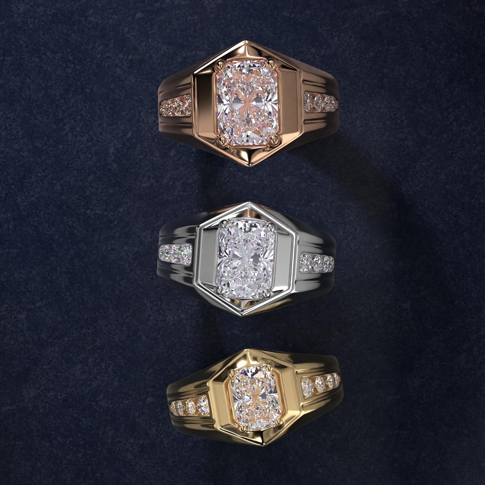 Men's Hexagon Diamond Channel Engagement Ring in 14k Rose Gold (3/8 ct. tw.) - Radiant Center
