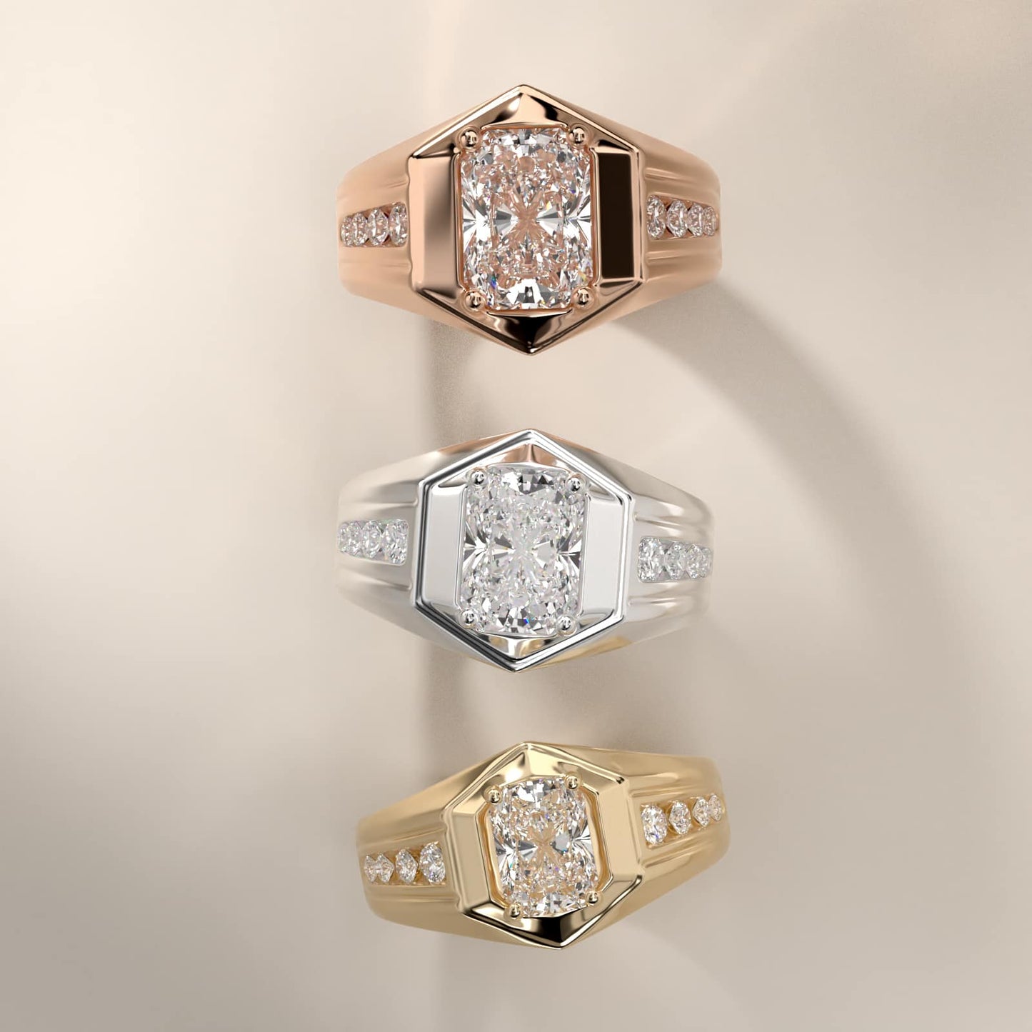 Men's Hexagon Diamond Channel Engagement Ring in 14k Yellow Gold (3/8 ct. tw.) - Radiant Center