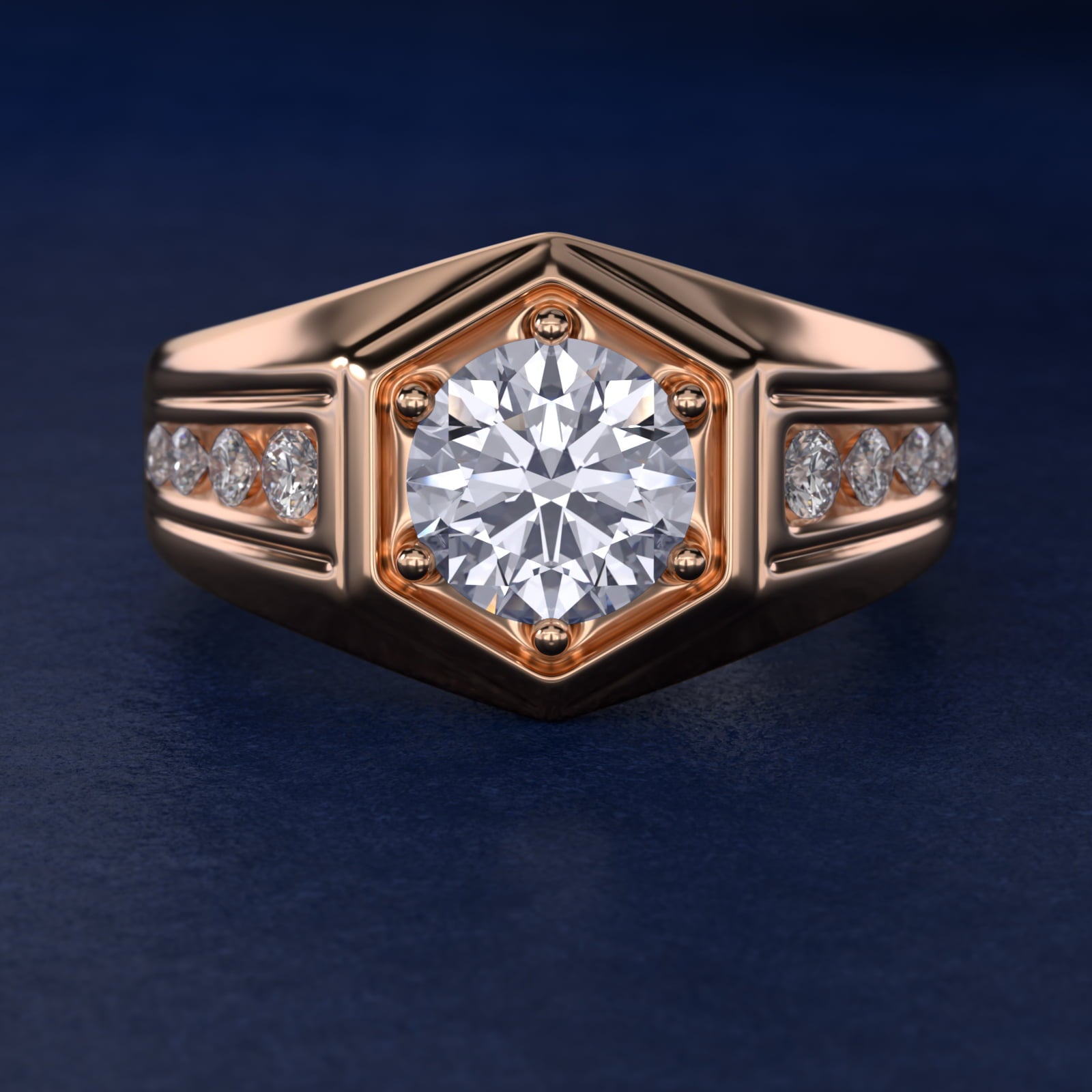 Men's Hexagon Diamond Channel Engagement Ring in 14k Rose Gold (3/8 ct. tw.) - Round Center