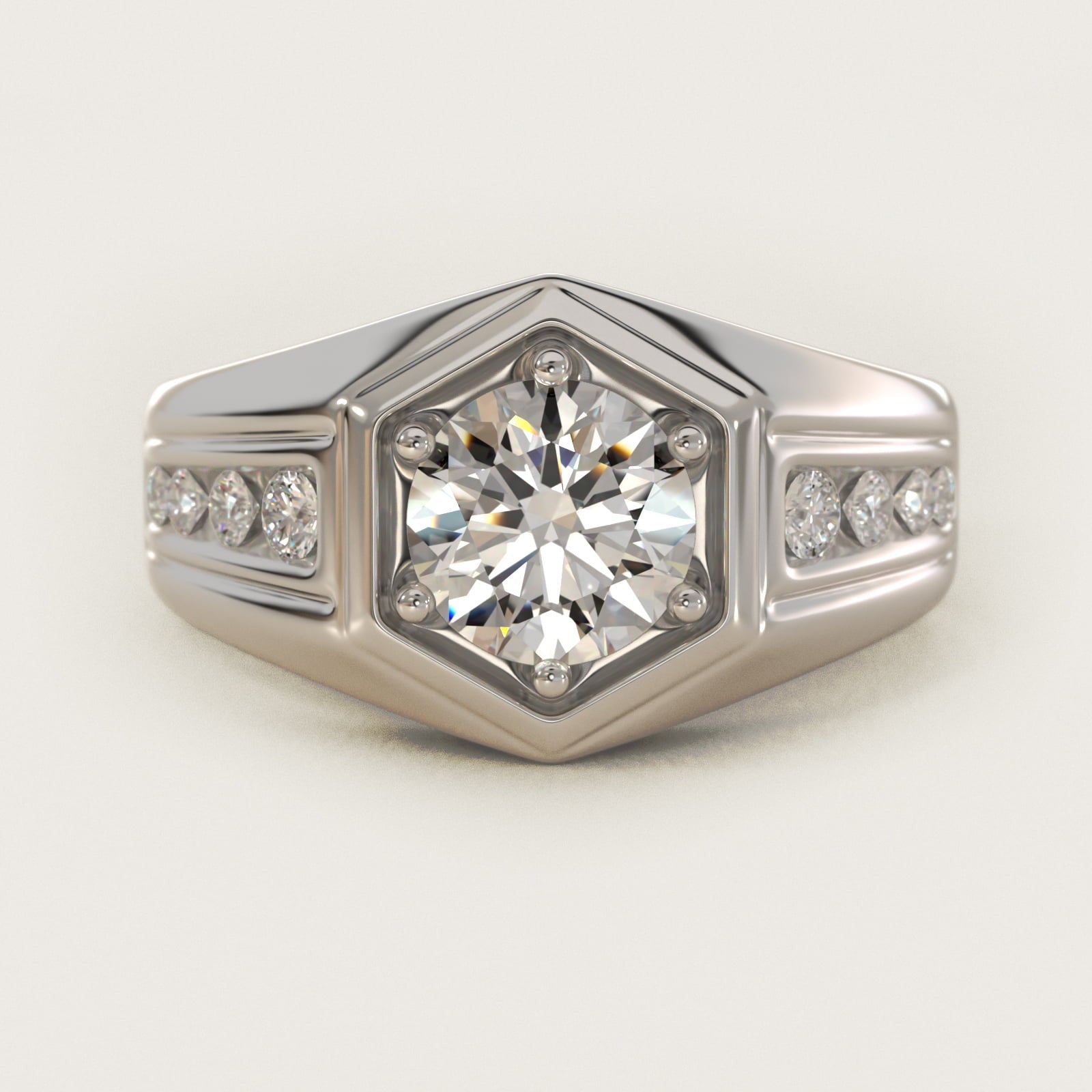 Men's Hexagon Diamond Channel Engagement Ring in 18k White Gold (3/8 ct. tw.) - Round Center