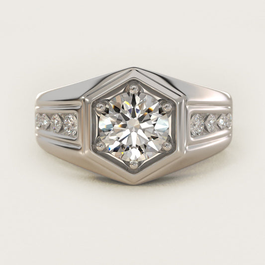 Men's Hexagon Diamond Channel Engagement Ring in 18k White Gold (3/8 ct. tw.) - Round Center