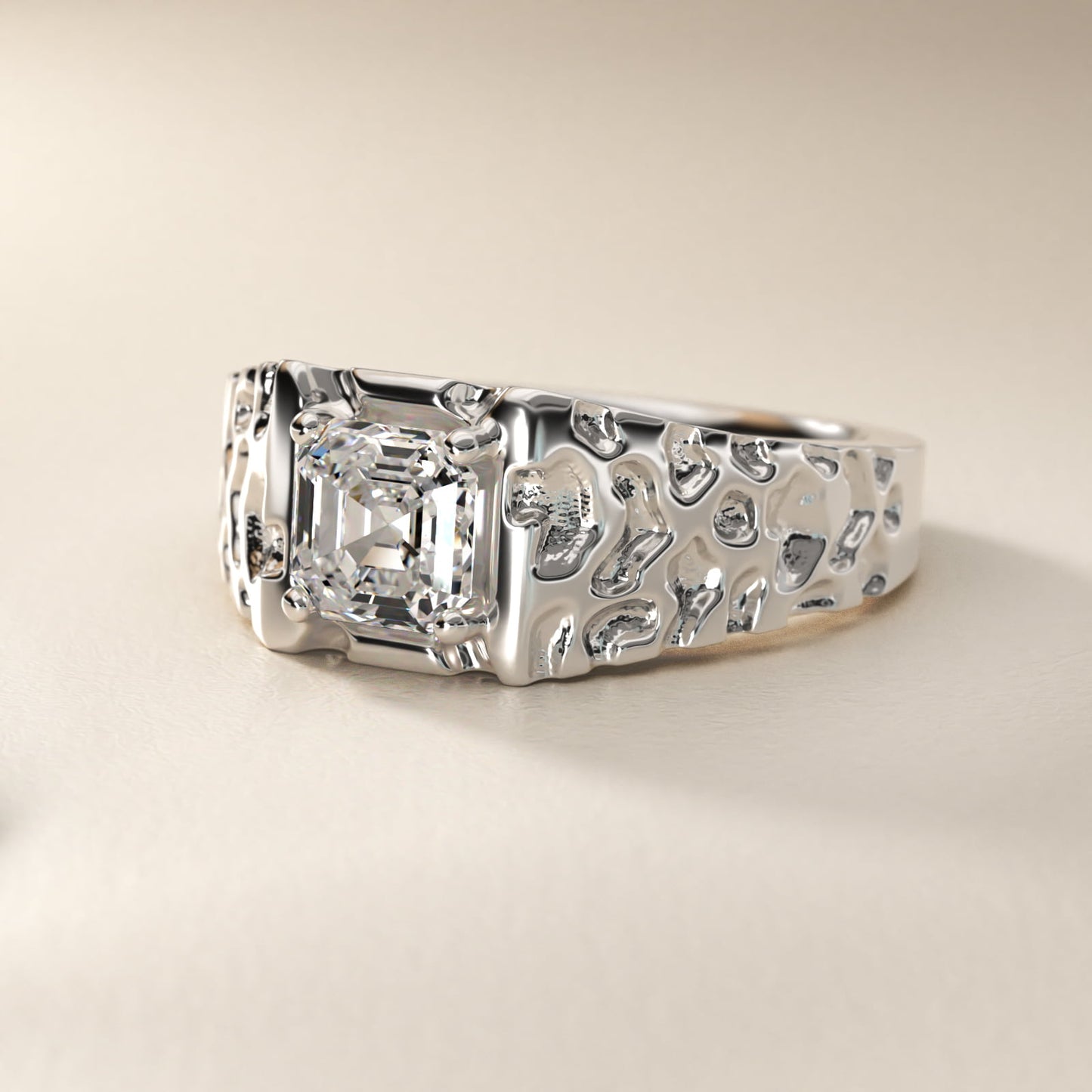 Men's Nugget Engagement Ring in 18k White Gold - Asscher Center