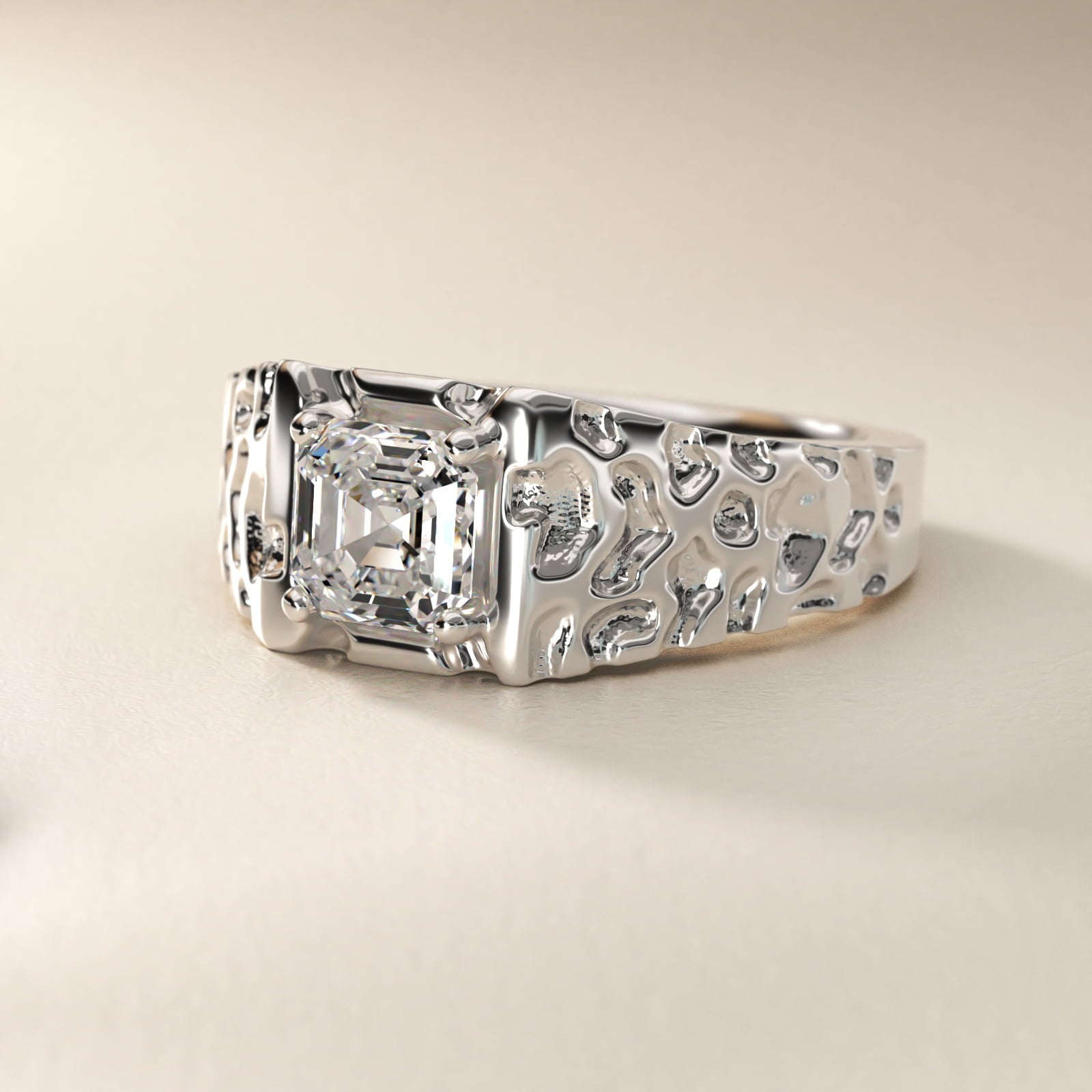 Men's Nugget Engagement Ring in 18k White Gold - Asscher Center