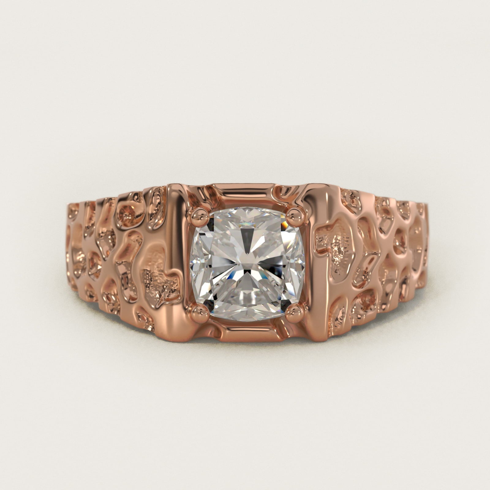 Men's Nugget Engagement Ring in 14k Rose Gold - Cushion Center