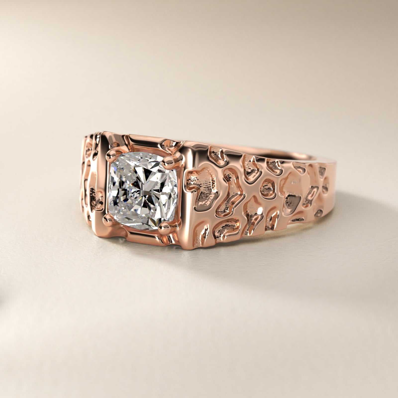 Men's Nugget Engagement Ring in 14k Rose Gold - Cushion Center