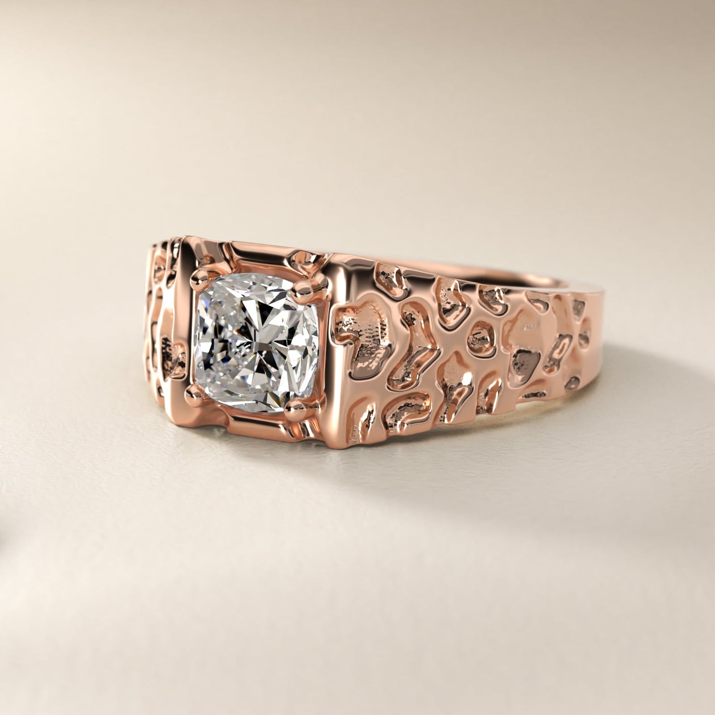 Men's Nugget Engagement Ring in 18k Rose Gold - Cushion Center