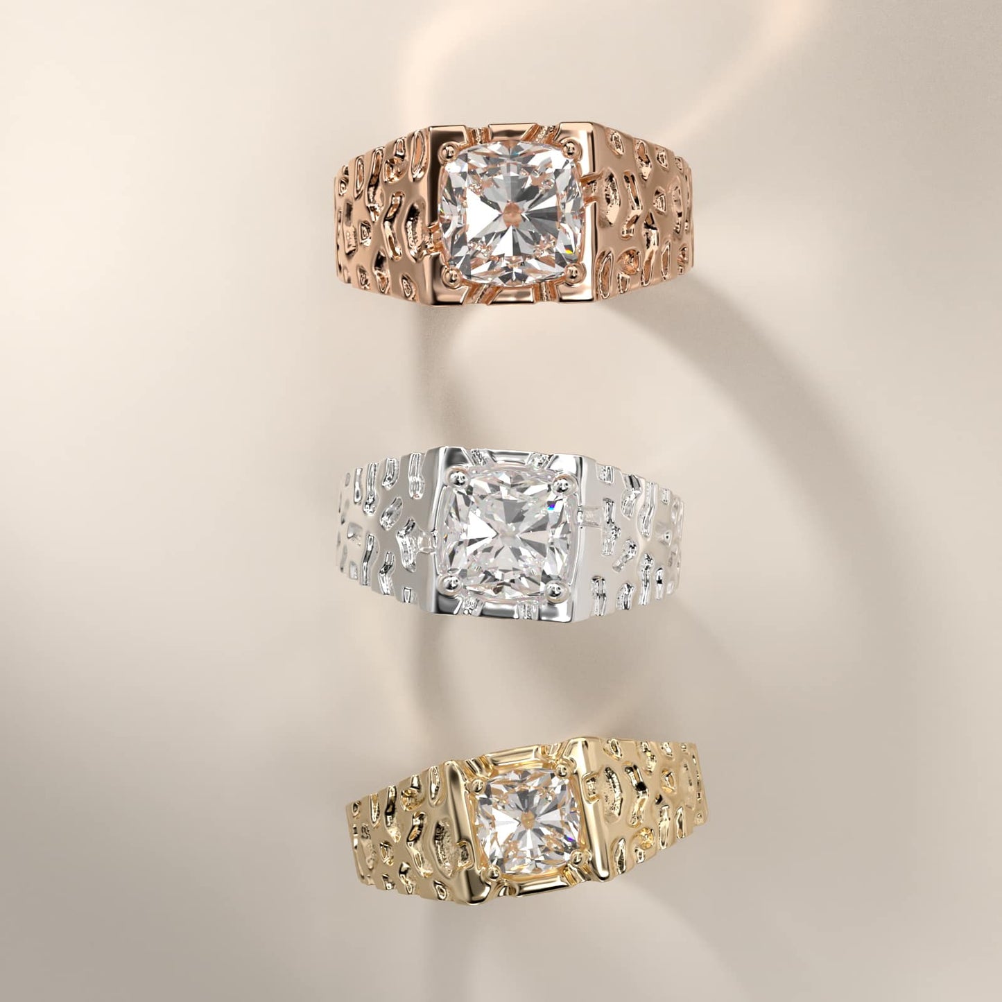 Men's Nugget Engagement Ring in 14k Rose Gold - Cushion Center