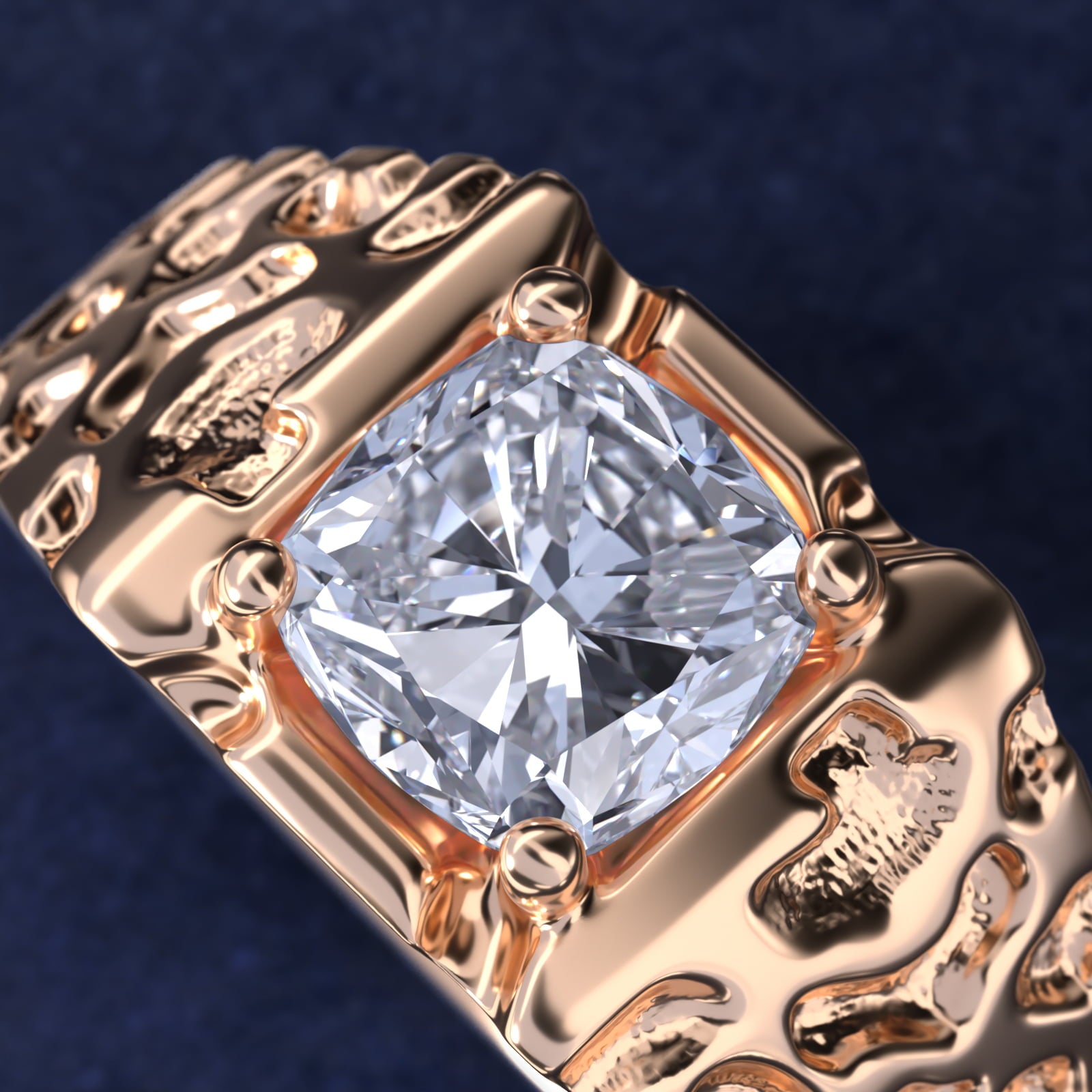 Men's Nugget Engagement Ring in 14k Rose Gold - Cushion Center