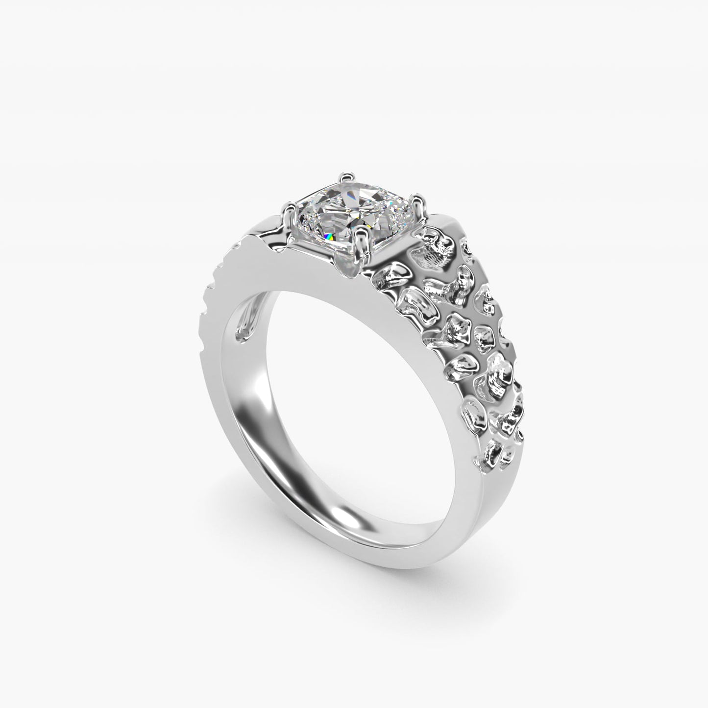 Men's Nugget Engagement Ring in 18k White Gold - Cushion Center